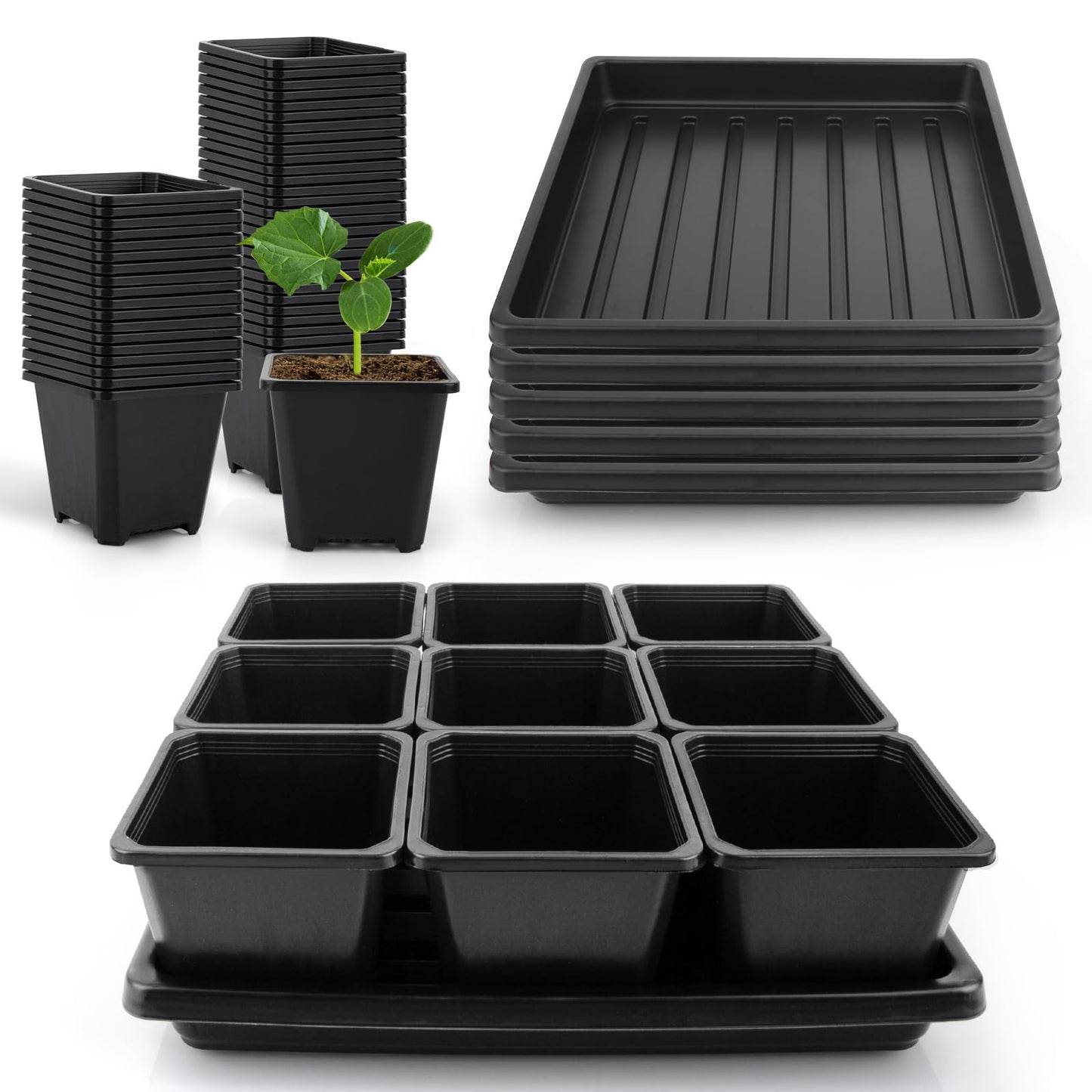 Mlhezy 50Pcs 3.5inch Square Nursery Pots with 5Pcs Seed Starting Trays, Seed Starter Tray Kit, Seeds Starting Germination, Seeding Pots with Drain Holes, Small Plant Nursery Propagation