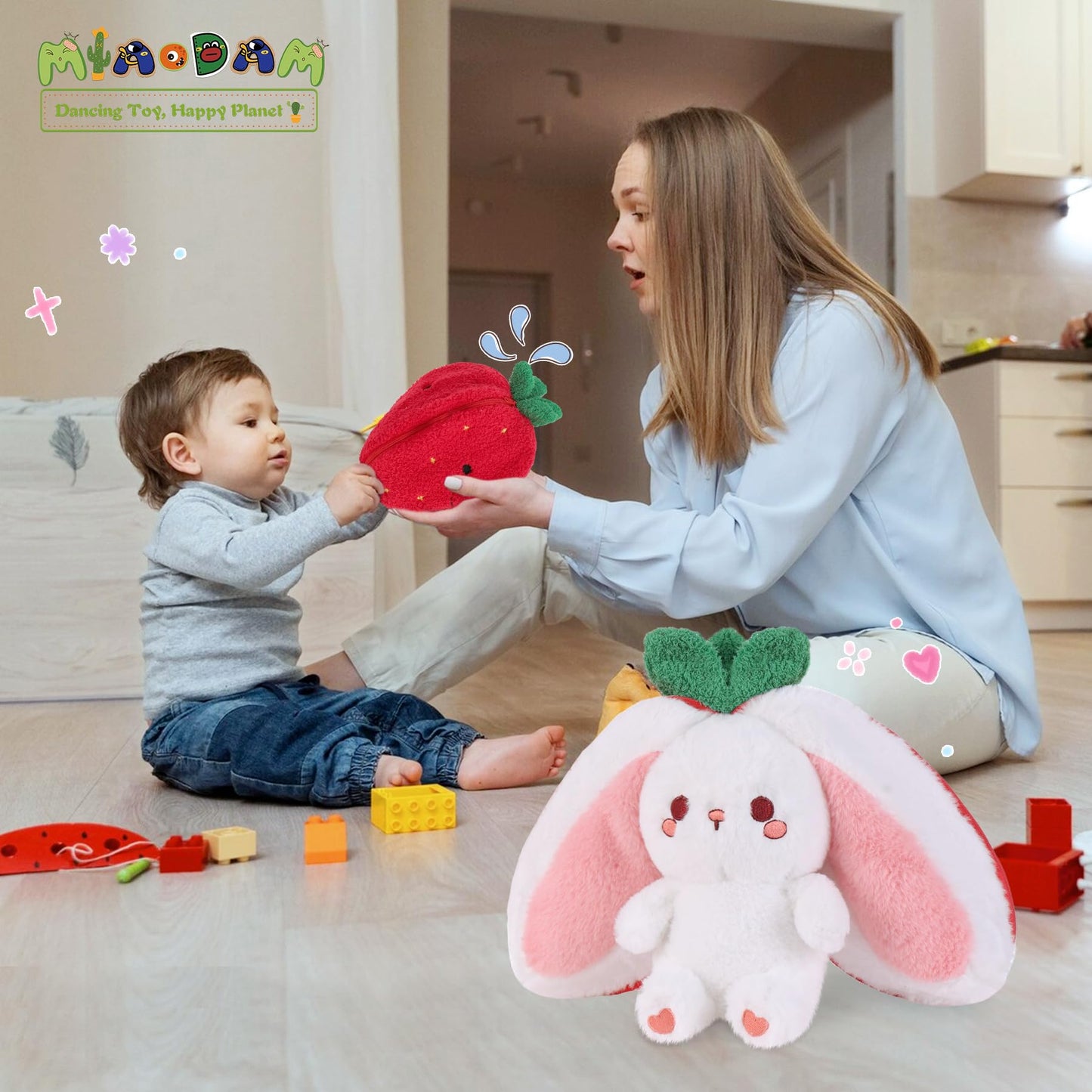 MIAODAM Easter Strawberry Bunny Plush Toy- Cute Soft Huggable Stuffed Animal for Kids & Collectors, Birthday Present & Nursery Decor 10inch