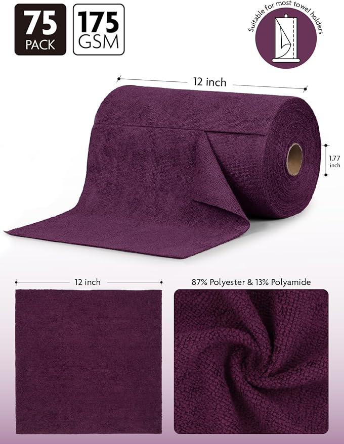 Fantasticlean Microfiber Cleaning Cloth Roll -75 Pack, Tear Away Microfiber Towels, 12" x 12", Reusable, Washable, Scratch Free, Ultra Absorbent for Car, Home Supplies (Dark Purple)