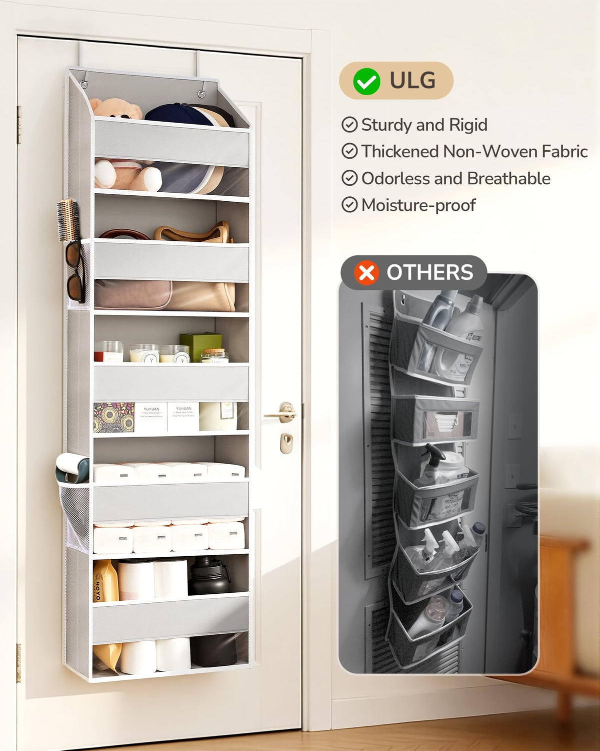 2-Pack Over-The-Door Organizer 5 Tiers, – Hanging Storage Organizer with 4 Mesh Side Pockets,Space Saving Closet Door Organizer for Clothes, Shoes, Toys, Accessories Light Gray