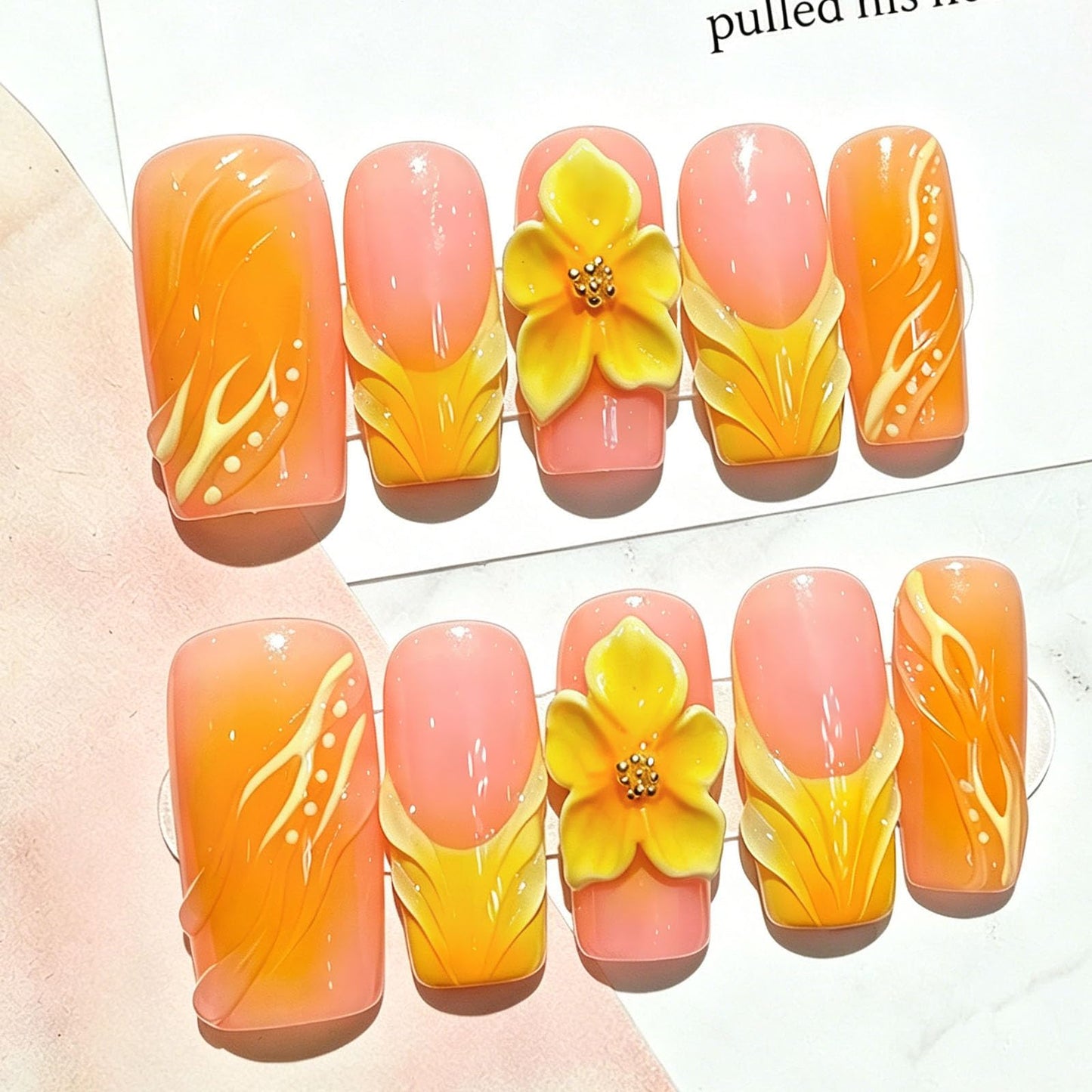 10 Pcs Handmade Press on Nails Medium Square Fake Nails with Yellow 3D Flower Curves Design Acrylic French Tip False Nails M Size Pink Press Ons Nails Square for Women Nail Art