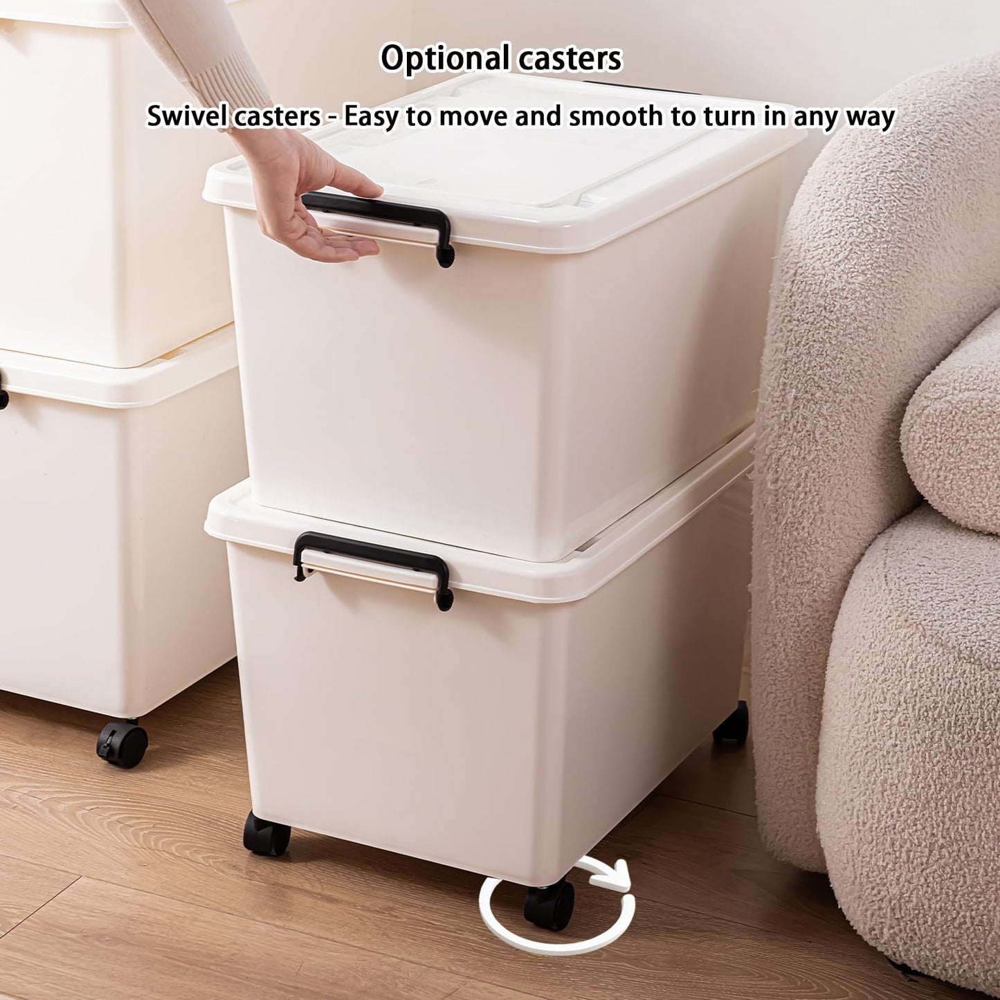 Duufiell 3 Extra Large Storage Bin with 4 Quiet 360° Swivel Casters - 55cm Tall Heavy Duty Organizer with Snap-On Lid, Dust-Proof Moisture-Proof, Stackable Design for Living Room, Bedroom, Study