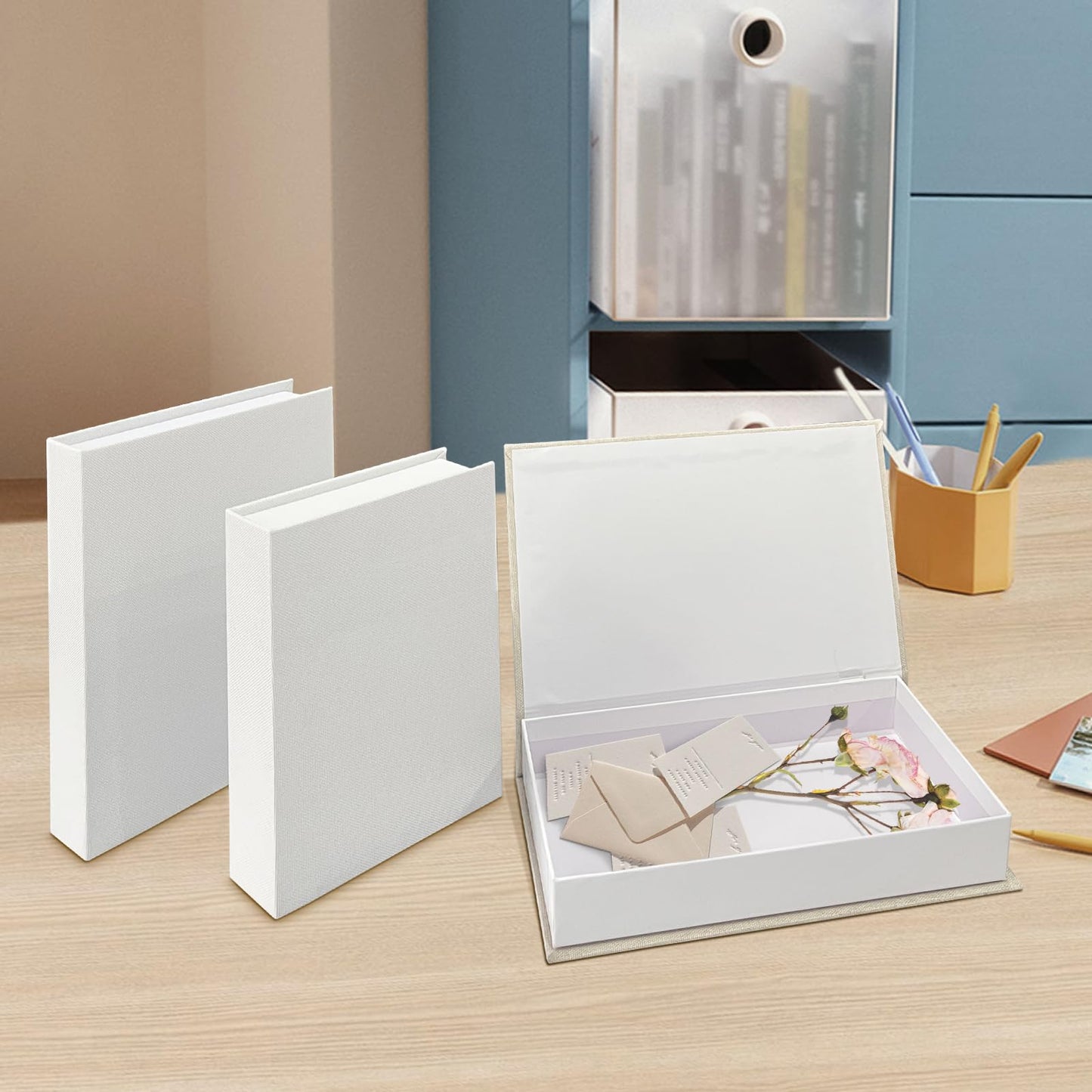 Himitimi 2Pcs Faux Books for Decorative - White Linen Fake Boxes, Blank Stacked Decor for DIY Crafts, Hotel Entryway, Bookshelf, Coffee Table (S&L)