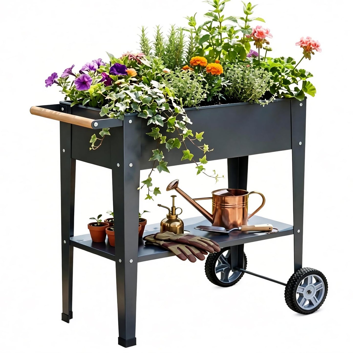Growvy Raised Garden Bed Outdoor with Wheels, Leg and Wooden Handle, 29.5x13.4x32.3in, 350lb Cap, Metal Elevated Raised Planter Box for Herb, Vegetable, Perfect for Backyard, Balcony, Light Black