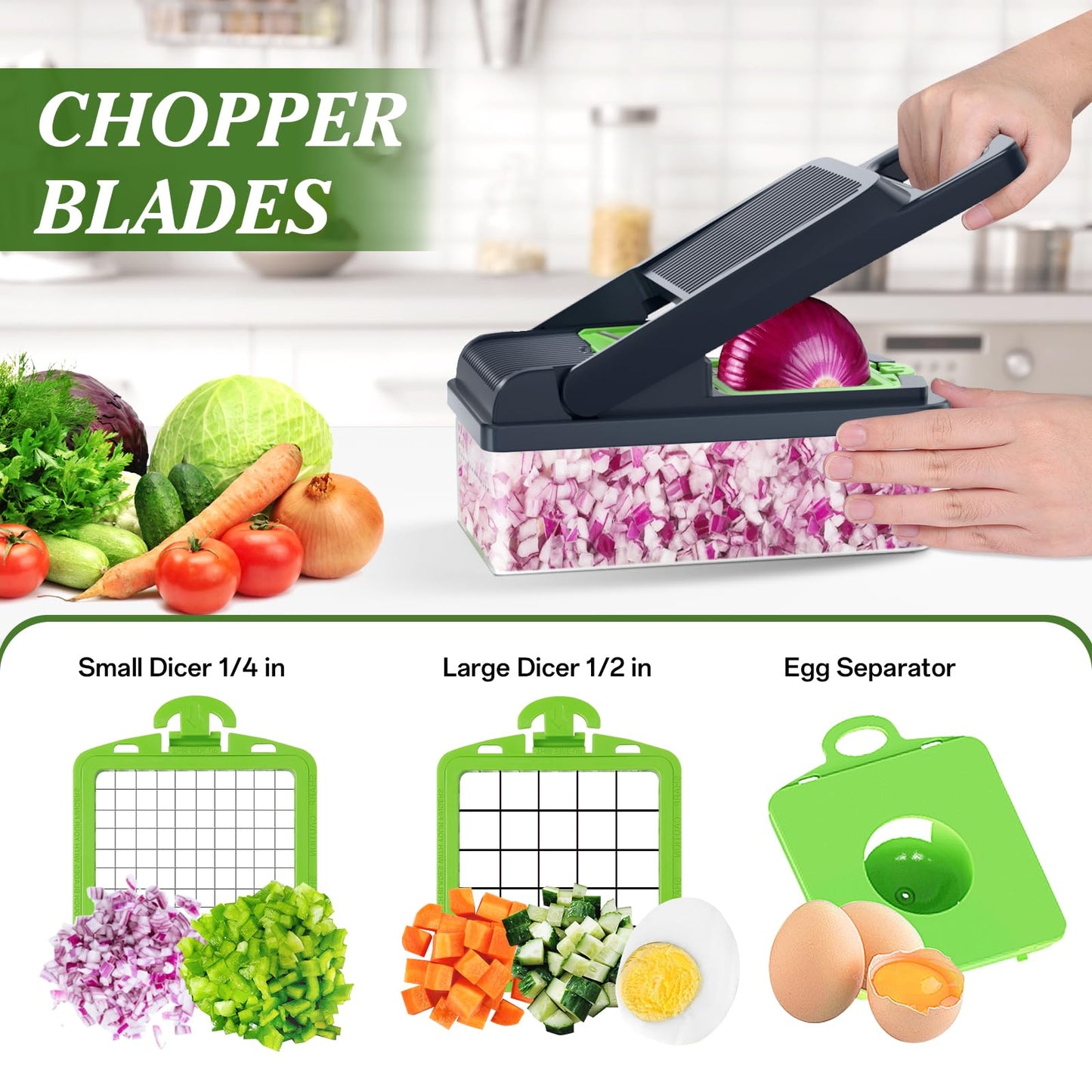 HomeHacks Vegetable Chopper Vegetable Cutter, 12 in 1 Kitchen Gadget, Dicer, Slicer, Onion Cutter, Salad, Cheese Grater & Egg Separator - Multi-Functional Veggie Chopper Lid with Handle (Green)