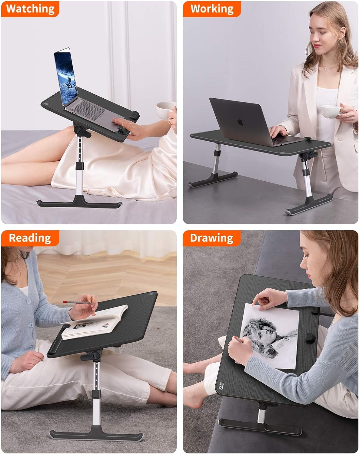 Desk, Table, SAIJI Adjustable Laptop Stand, Breakfast Tray, 5 Heights, 4 Angles, Stable Folding Table for Bed Sofa Desk, Suitable for Laptops up to 17 Inches (60 x 33 cm Black)