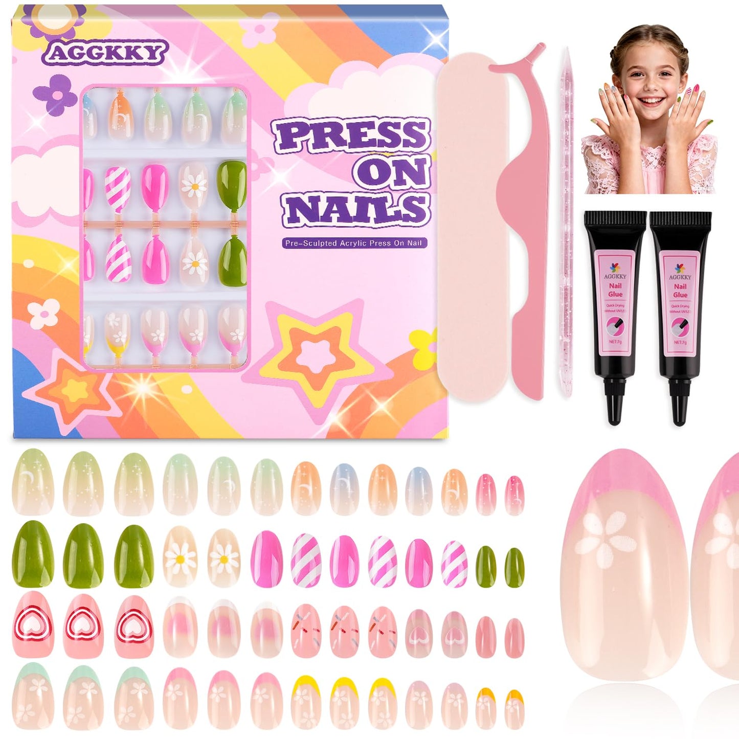 104 Pieces Press on Nails for Kids 4 Pack Artificial Fake Nails for Girls Kid Press on Nails for 8-12 Birthday Gift for Children Kids Little Girl Nail Art Decoration ﻿