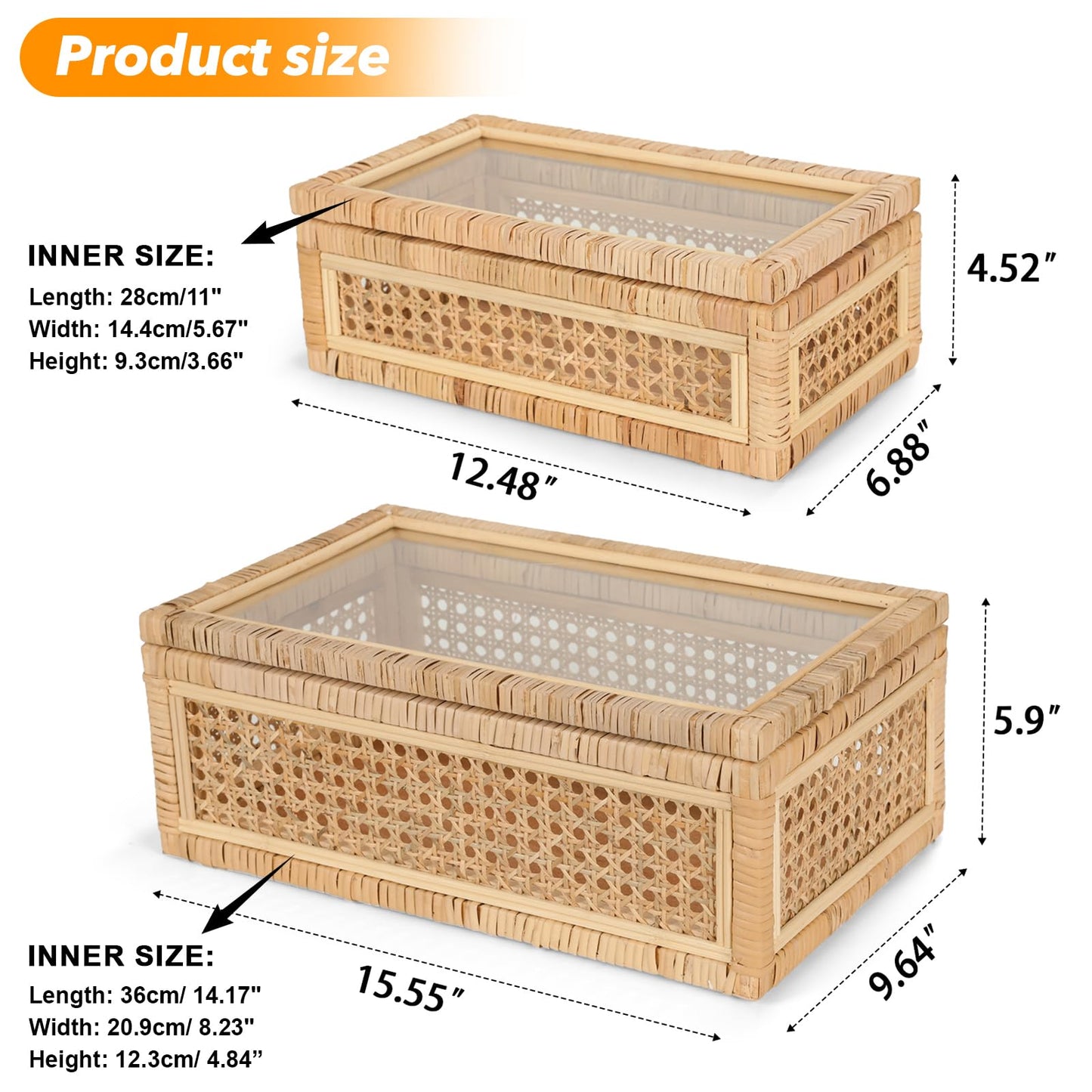 Large Handwoven Boho Rattan Display Boxes with Glass Lids - Set of 2 Rectangular Decorative Storage Bins - Natural Woven Cane Home Decor Organizers (15.55" x 9.64" x 5.9" & 12.48" x 6.88" x 4.52")