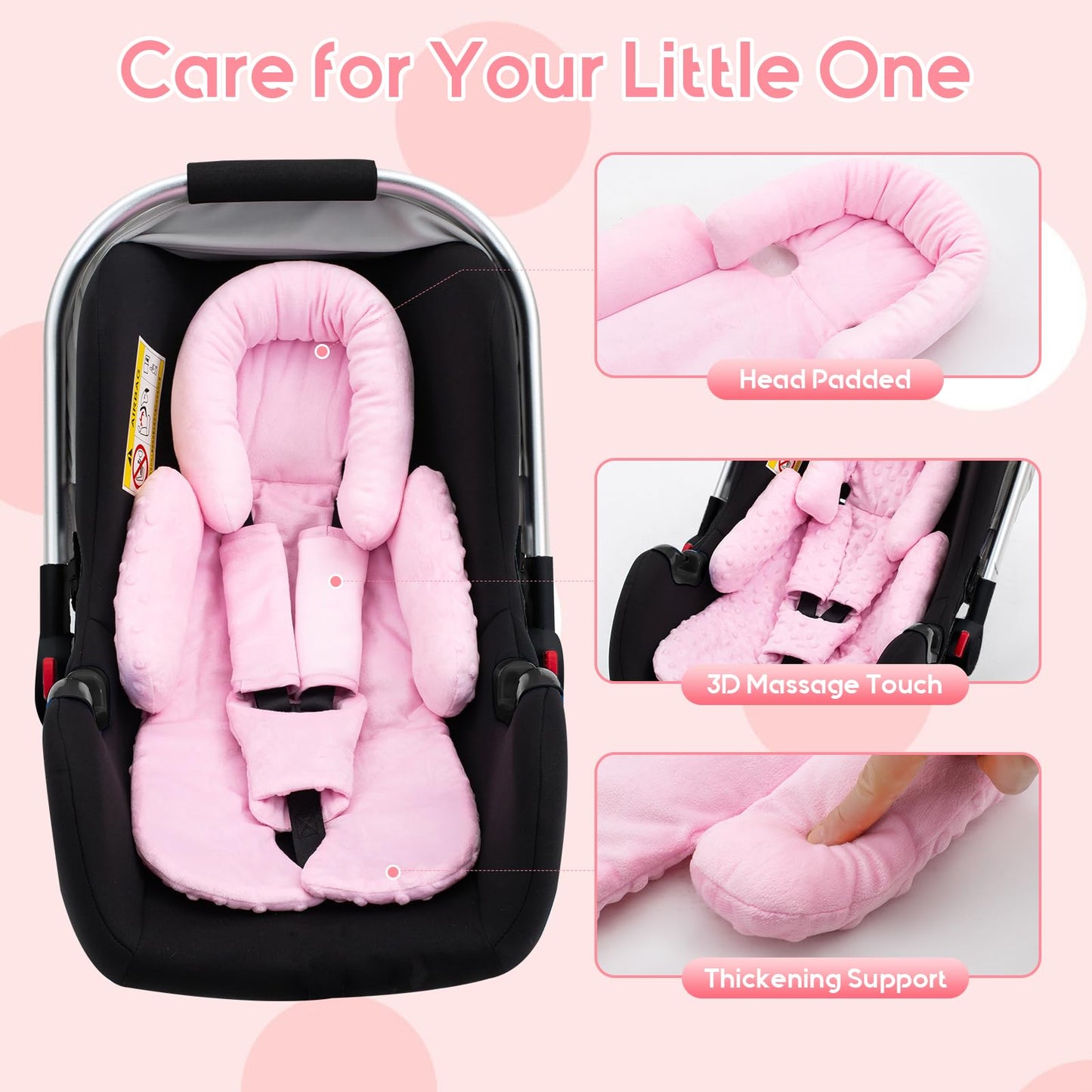 Infant Car Seat Insert with 3 Shoulder & Crocth Covers, Thickened Carseat Head and Body Support for Infant, Reversible Baby Car Seat Cushion for Boys Girls, Soft Mink Dot Newborn Insert for Preemie