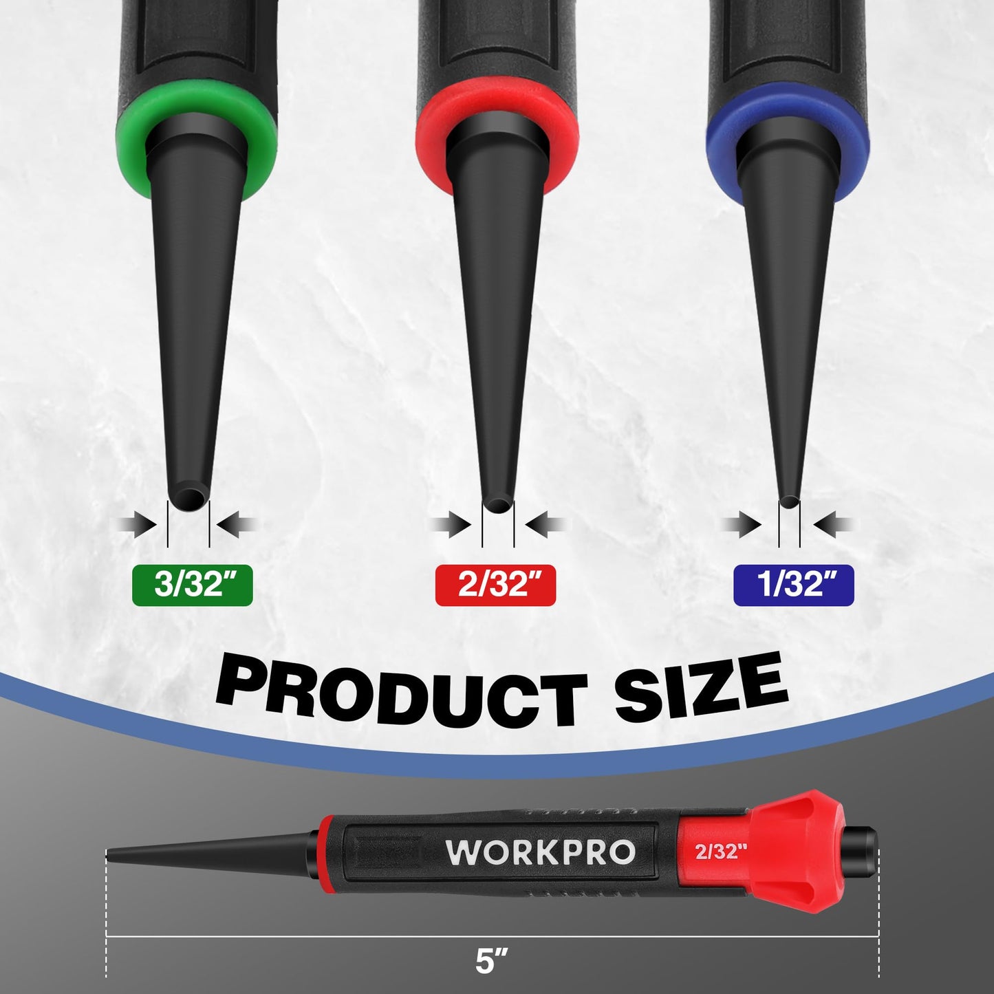WORKPRO 3-Piece Nail Punch Set, Includes 1/32", 1/16", 3/32" Nail Setter, Color Coded Nail Set Tool with Shock-Absorbing Grip