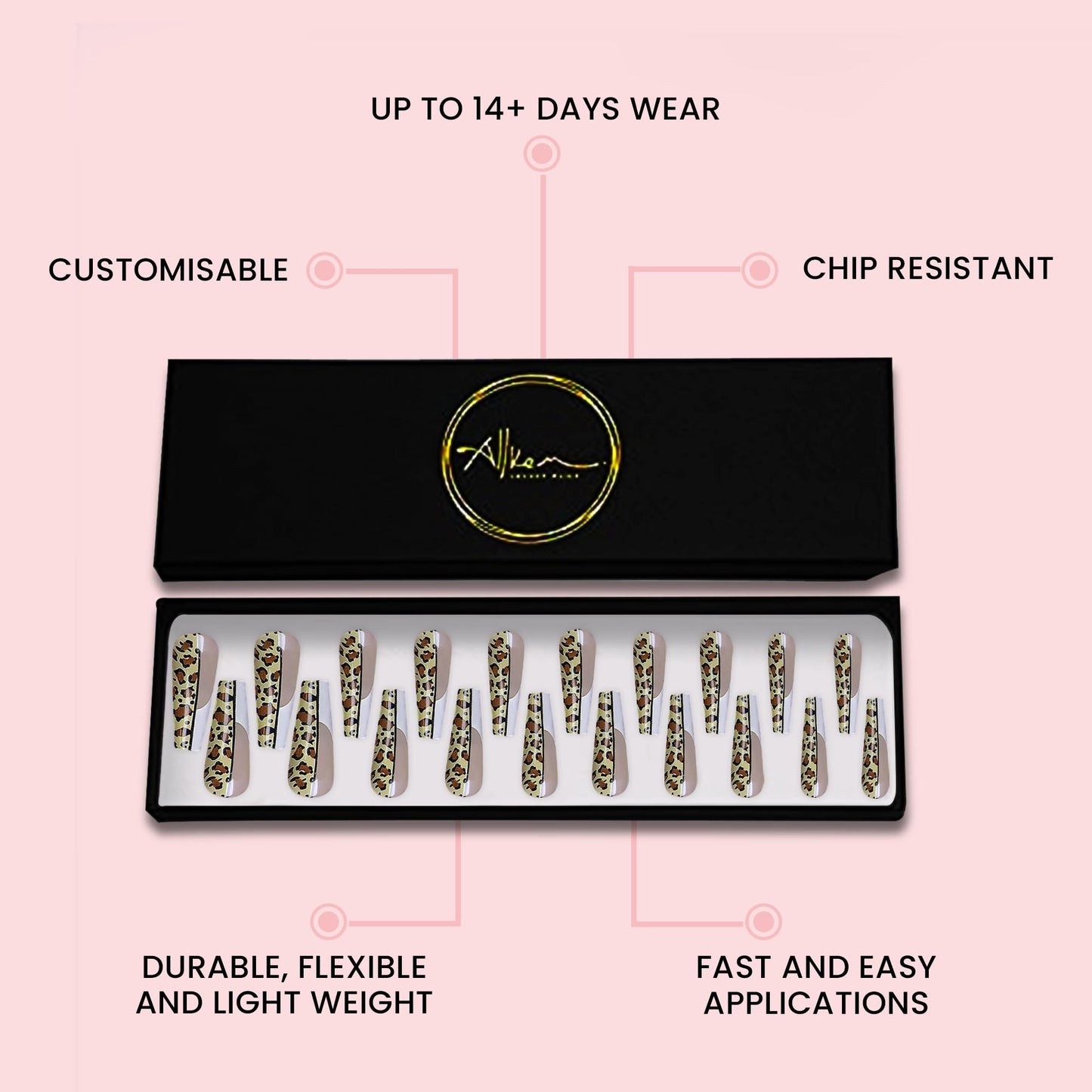 Allkem Leopard Print Ballerina Press on Nails | Glossy Extra Long Coffin| 10 sizes - 20 pcs Nail kit with Glue