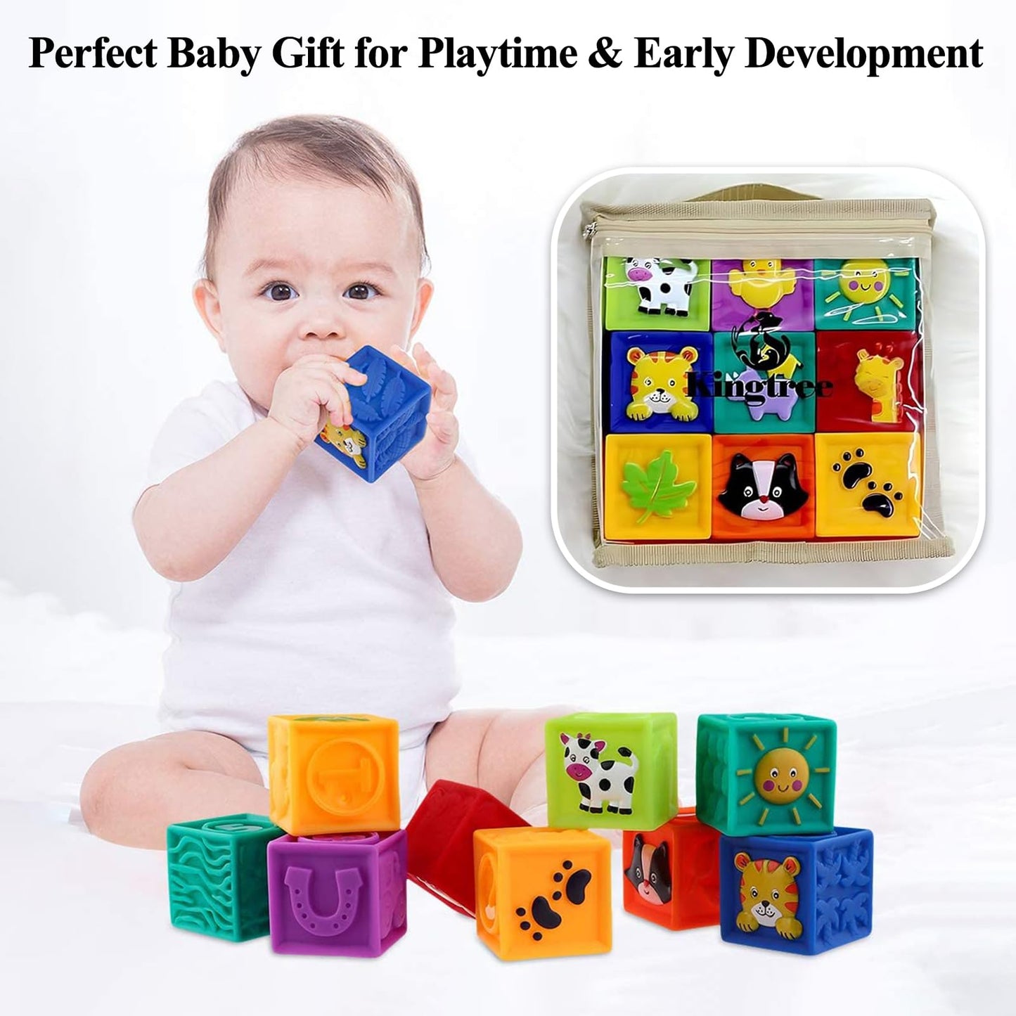Kingtree Baby Blocks, 9PCS Soft Squeeze Building Blocks Stacking Toys for 6+ Months Babies, Baby Teething Chewing Educational Blocks Set with Numbers Animals Shapes Textures