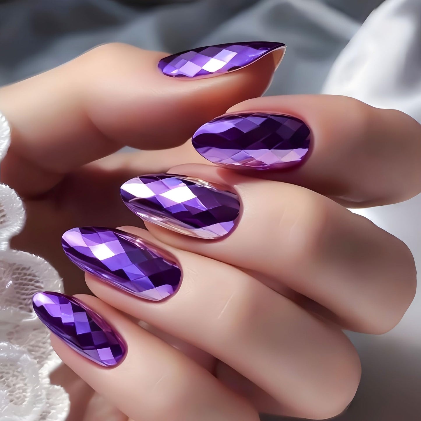 RUOKEXIN Almond Press on Nails Medium Length Fake Nails Chrome False Nails with 3D Rhombus Designs Full Cover Nail Press ons Sparkly Artificial Nails for Women 24Pcs(Dark Purple)