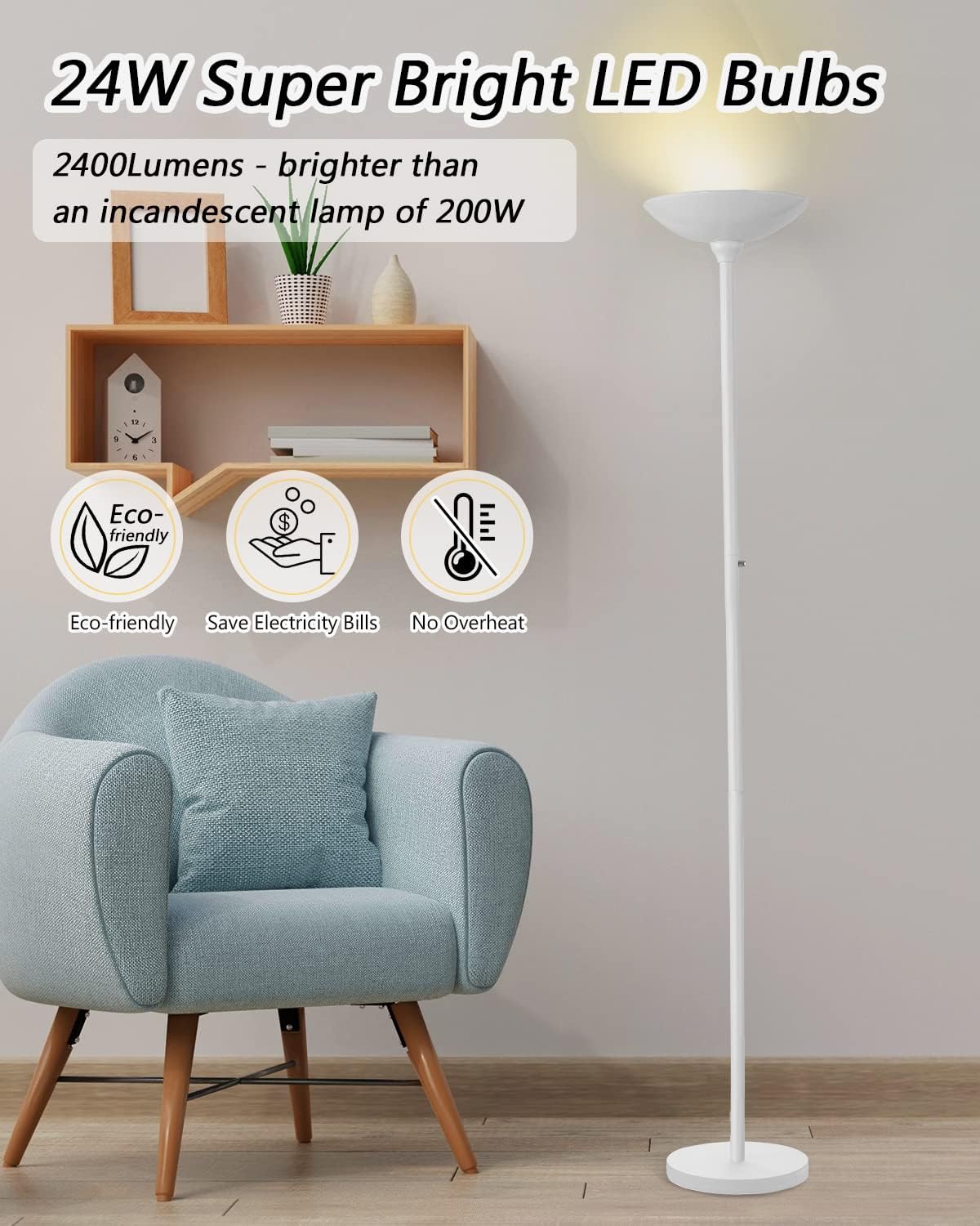 BoostArea Torchiere Floor Lamp, 30W Super Bright LED Standing Lamp, 3000K Stepless Dimmable Pole Lamp with Rotary Switch, 70 Inch Tall Metal Modern White Floor lamp for Living Room/Bedroom/Office/Den