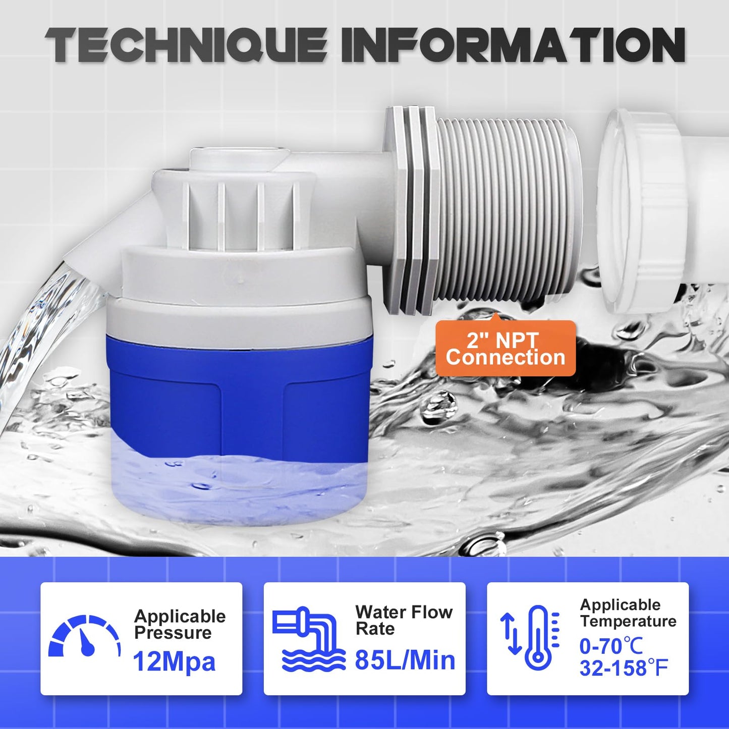 2" NPT Side Inlet Water Float Valve, 2 Inch Big Flow Automatic Water Level Control Float Valve for Water Tank, Water Troughs, Pond, Pool, Livestock, Aquariums (2" Side Inlet)