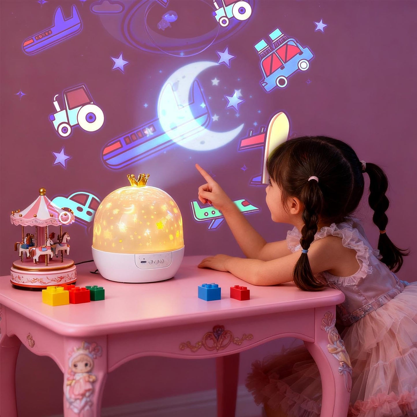 Night Light Projector, 3W ABS Soothing Lamp with Music, 360 Degree Rotating Ceiling Projector with USB Power Supply, Built-in Speaker, Bedroom, Home