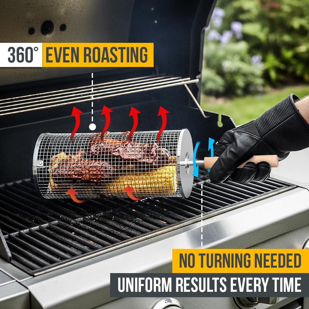 Smokova Rolling Grill Basket for Veggies (2 PCS) | 304 Stainless Steel Grill Baskets for Outdoor Grill with Removable Wooden Handle | BBQ Baskets for Grilling | Vegetable Grill Basket