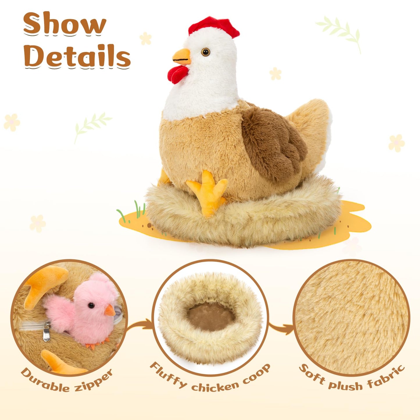 Karister 7Pcs Chicken Stuffed Animals, Stuffed Hen Plush with Baby Chicks & Eggs, Nest Hen Coop Plush Toy Set for Kids, Soft Stuffed Farm Animal Plushie for Birthday Christmas Easter Gift, 14"