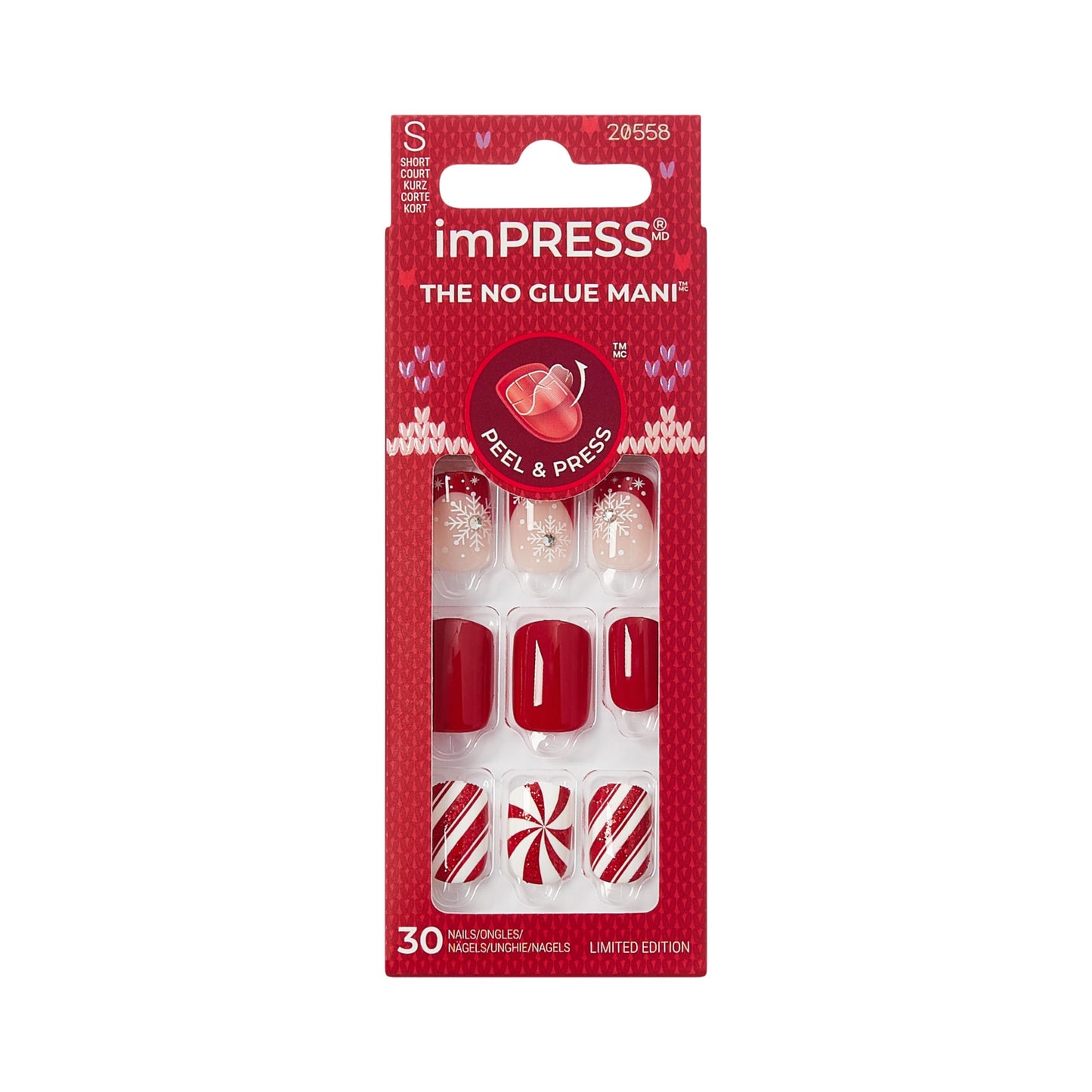 KISS imPRESS Holiday Press On Nails, ‘Santa Baby’, Red, Short Squoval, Improved Super Hold Adhesive, 30 Fake Nails, Prep Pad, Mini Nail File, & Manicure Stick