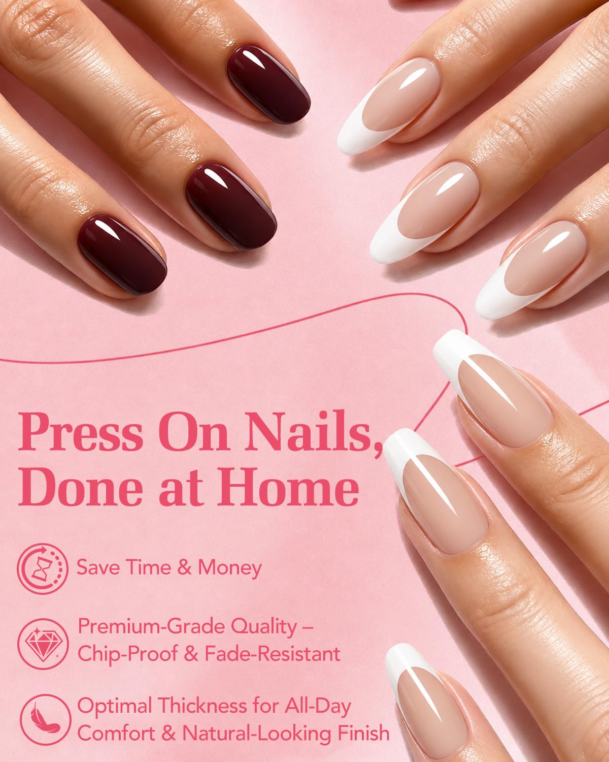 Skiennix Press on Nails Short,30 Pieces Burgundy Oval Fake Nails Reusable Stick Kit with Glue, Adhesive Tabs, Mini Nail File, 15 Sizes Natural Whitening for Women Dark Red