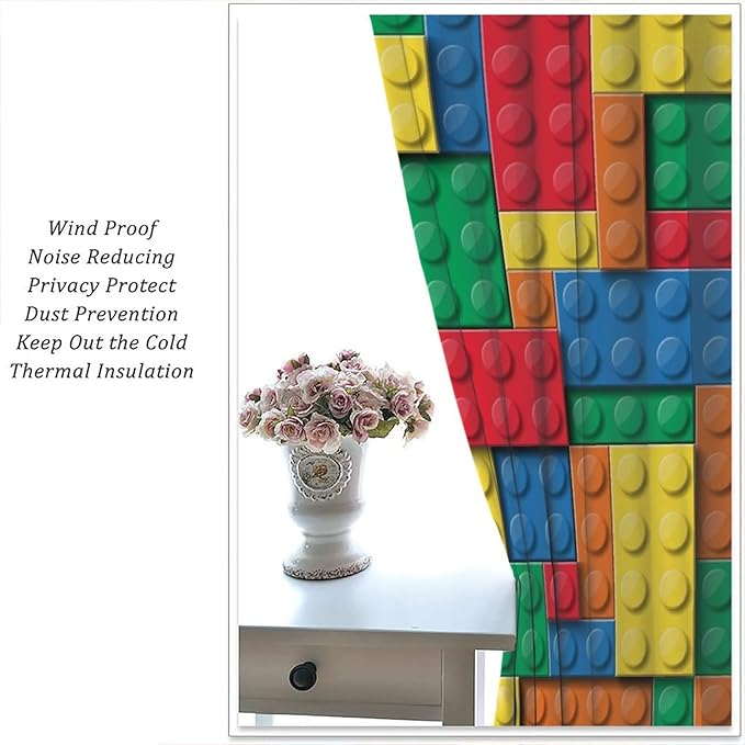 Building Block Toy Curtain Rod Pocket Children's Nursery Abstract Outline Colorful Toy Cartoon Theme Brick Geometric Print Curtain, Blackout Curtain for Boys and Girls Room 63x63in