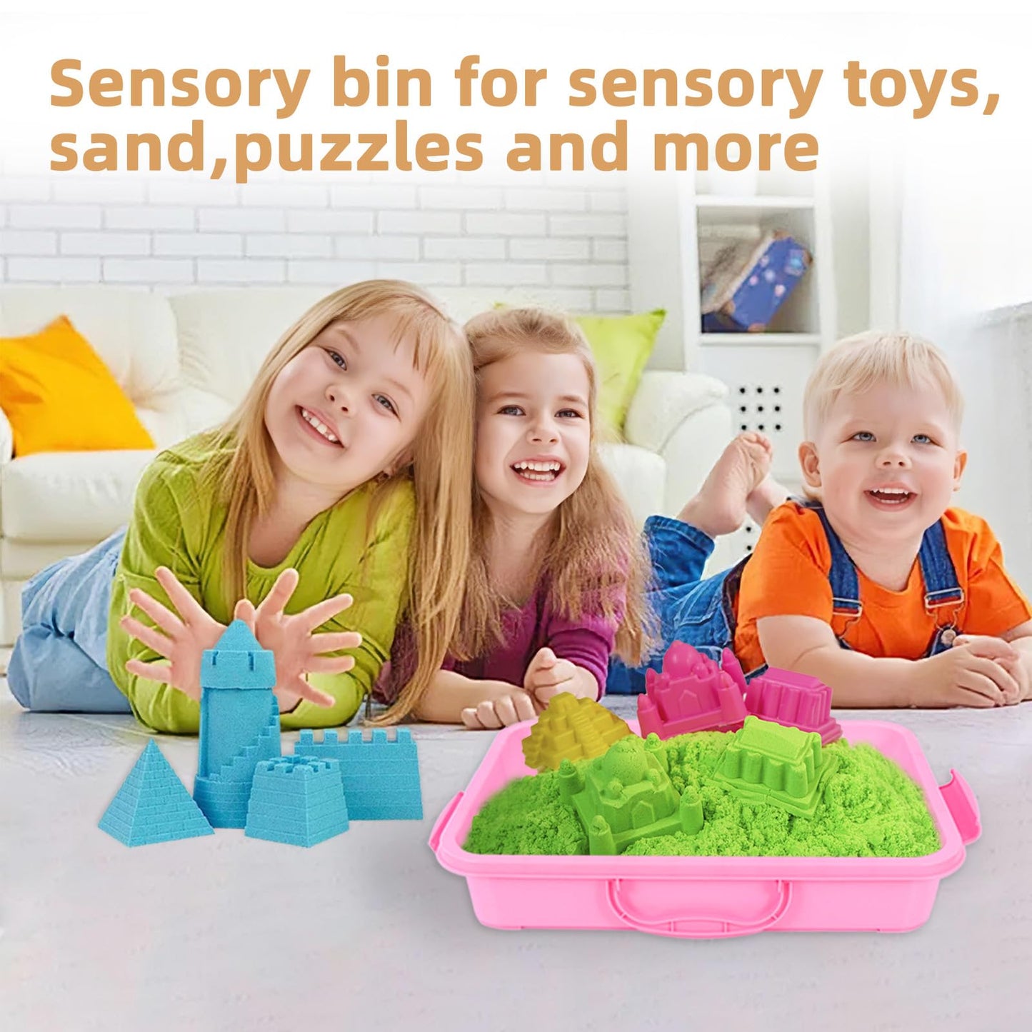3 Pcs Plastic Sensory Bins-Portable Sandbox Container with Handle & Clear Lid-Stackable Play Tray for Kids Storage Sand,Toys & Crafts-Organizing Container for Home,Office and More(Green+Blue+Pink)