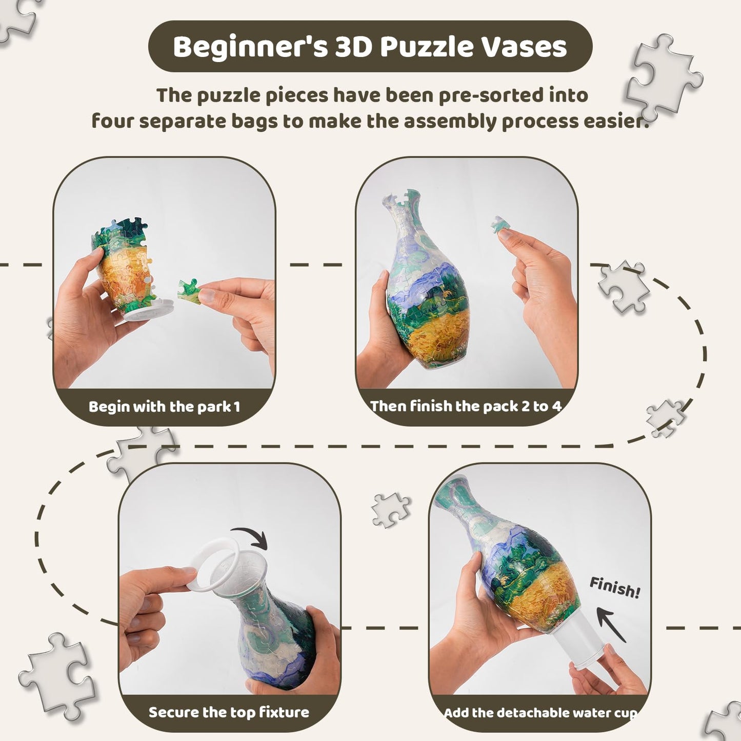 3D Puzzles Vase for Adults with LED Light, 160 Pcs Unique Plastic Flower Vase Puzzle,Crafts for Adults,DIY House Warming Gifts for Flower Arrangements and Home Decor (Wheat Field)