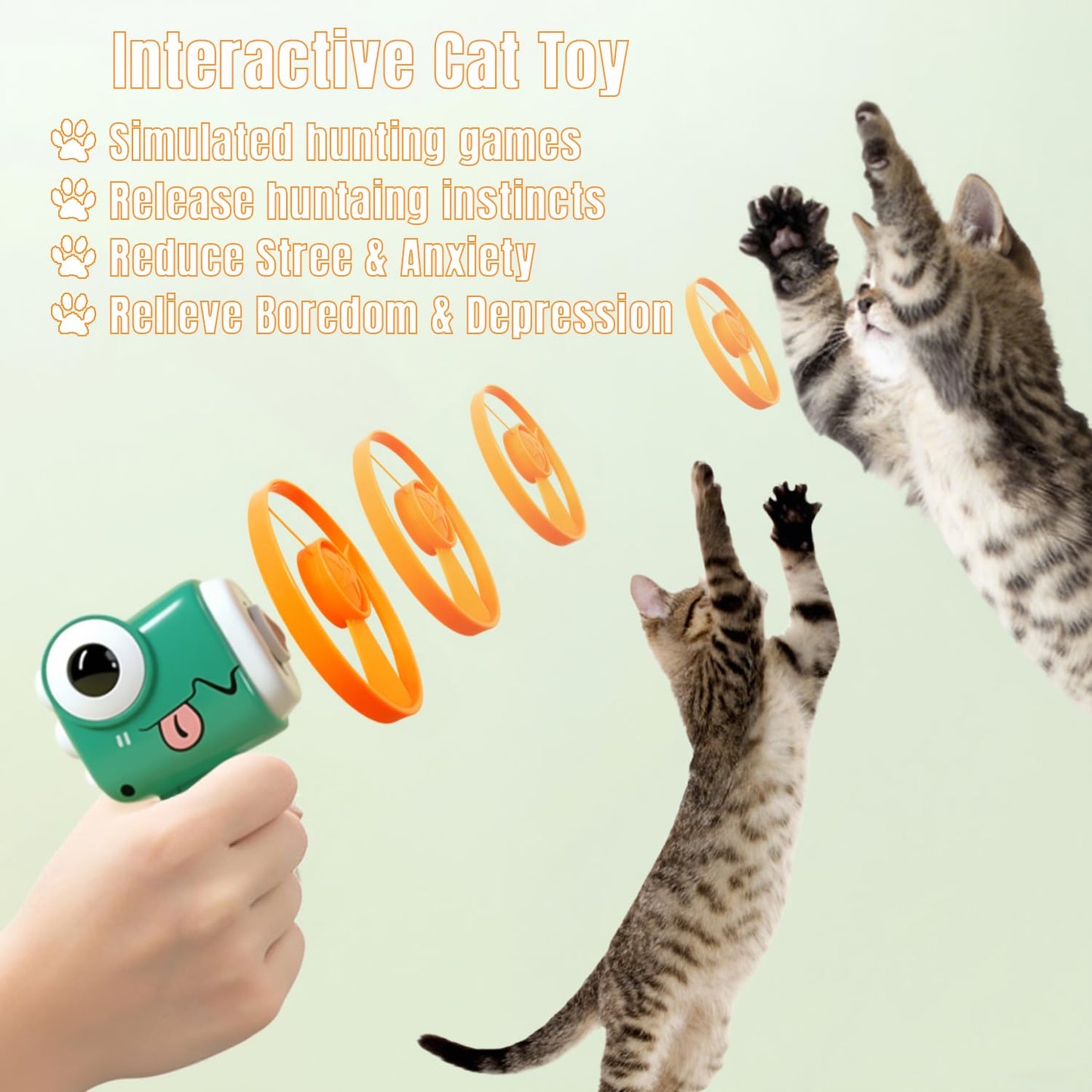 Bigpomelos Cat Fetch Toy Gun Launcher, Interactive Hunting Toy with 8 Soft Discs for Indoor Cats - Relieve Boredom, Non-Toxic Durable, One-Press Launch (Green)