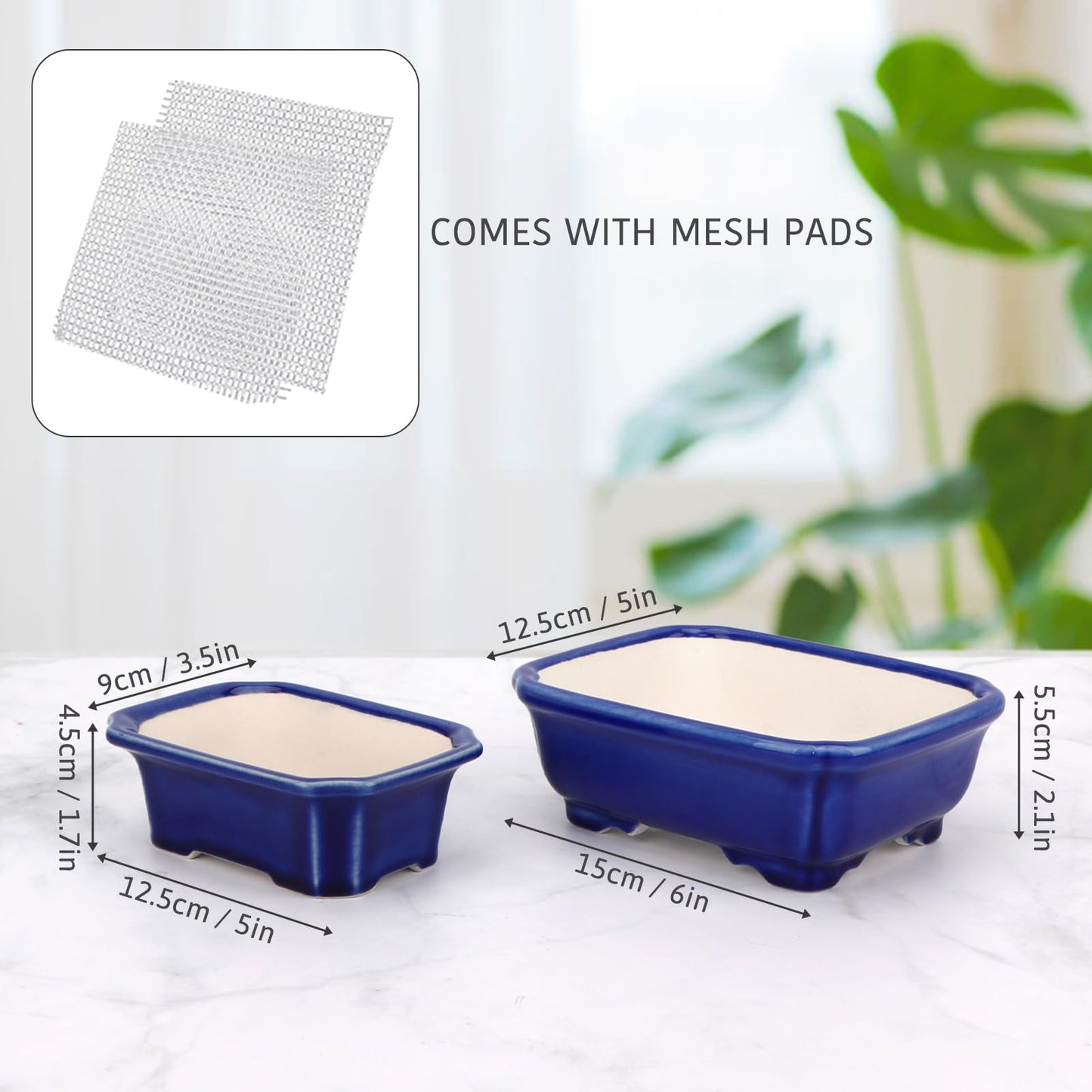Set of 2 Zisha White Clay Bonsai Pot Glazed Shallow Succulent Planter Blue