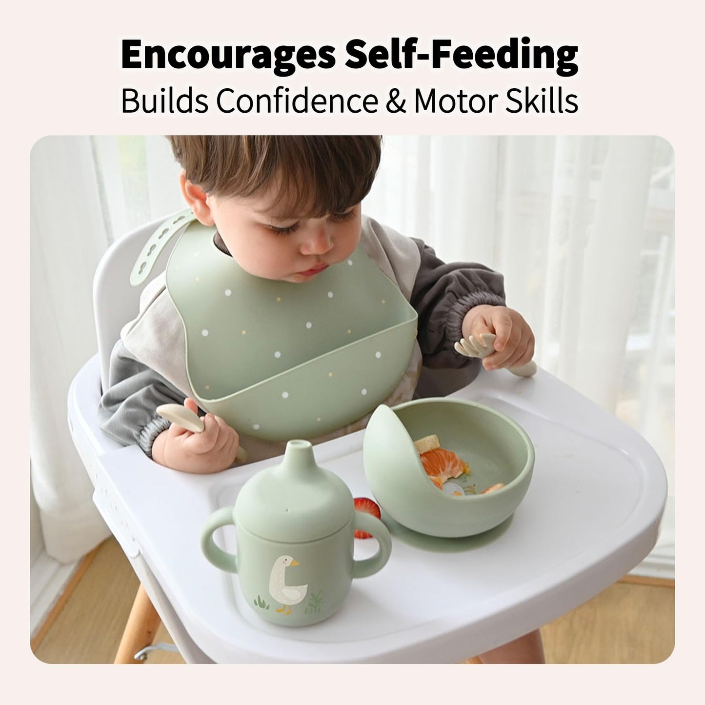 Little Rawr Baby Led Weaning Bundle, 100% Silicone Baby Feeding Set Includes Divided Plate, Suction Bowl, Straw Cup, Bib, Spoon & Fork, Develops Self Feeding Skills, Dishwasher Safe (Green)