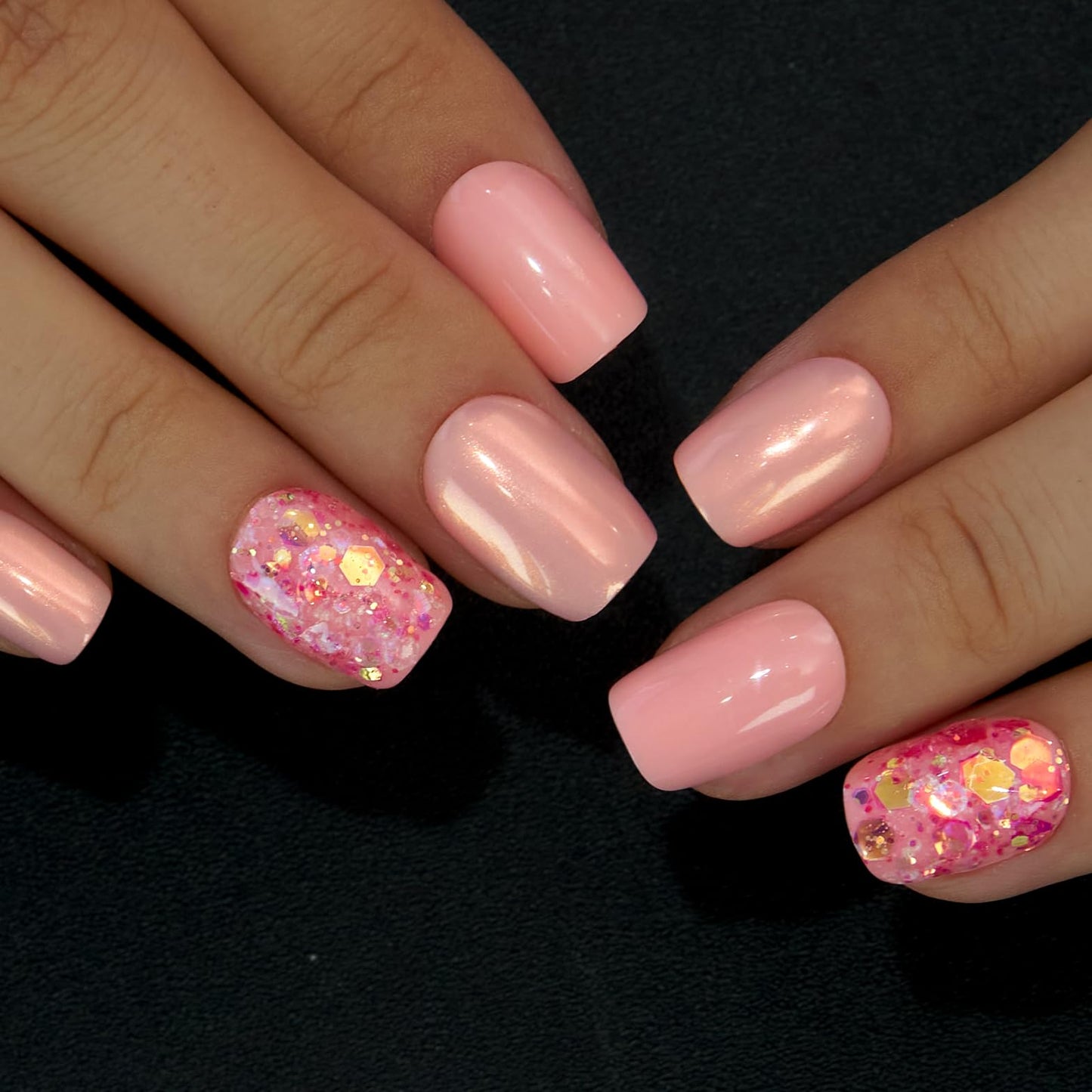Curvlife Press On Nails – 30PCS Full Cover False Natural Fit Soft Gel Fake Nails Tips, Easy to Apply at Home Glue On False Nails Kit (Shimmery Peach Nails, Short)