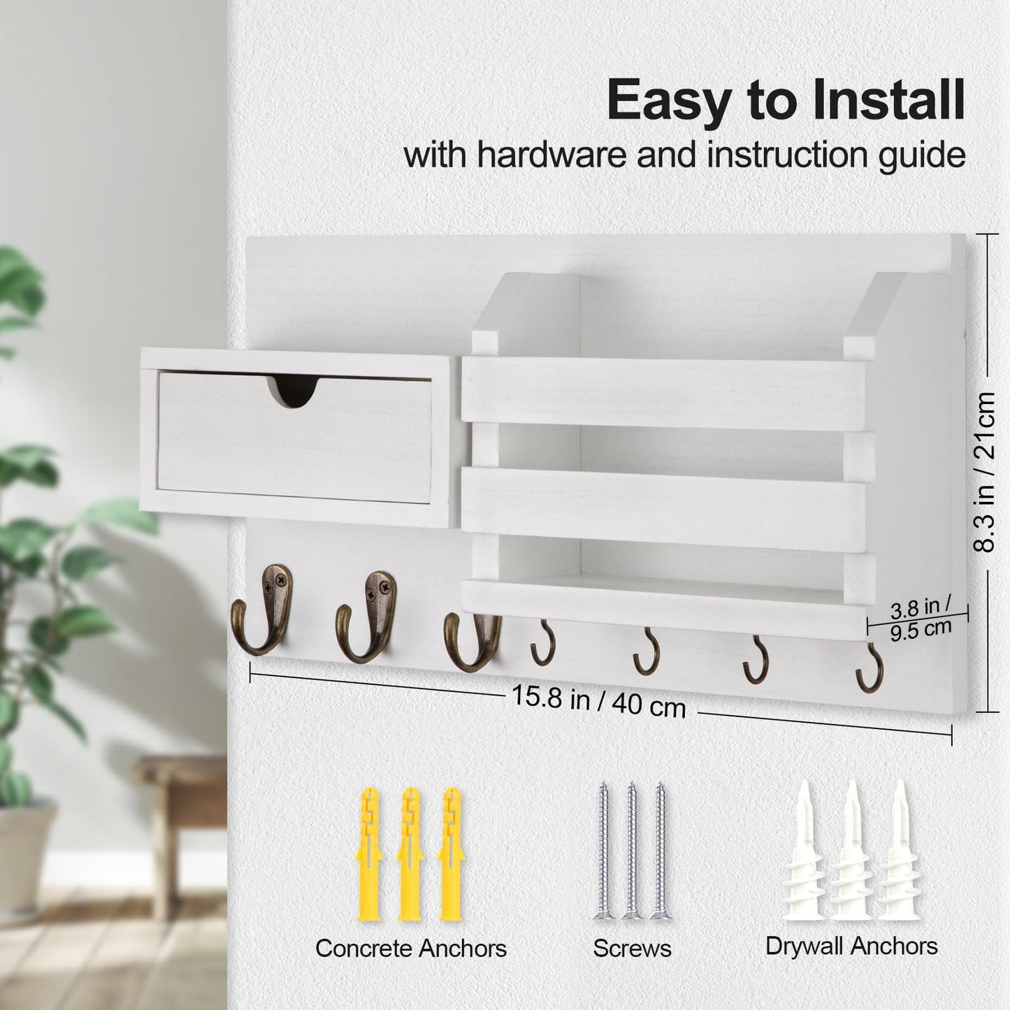 Lwenki Wall Mount Key Holder with Mail Organizer, 100% Paulownia Wood, 7 Metal Hooks, Storage Drawer, Entryway Home Decor (White)