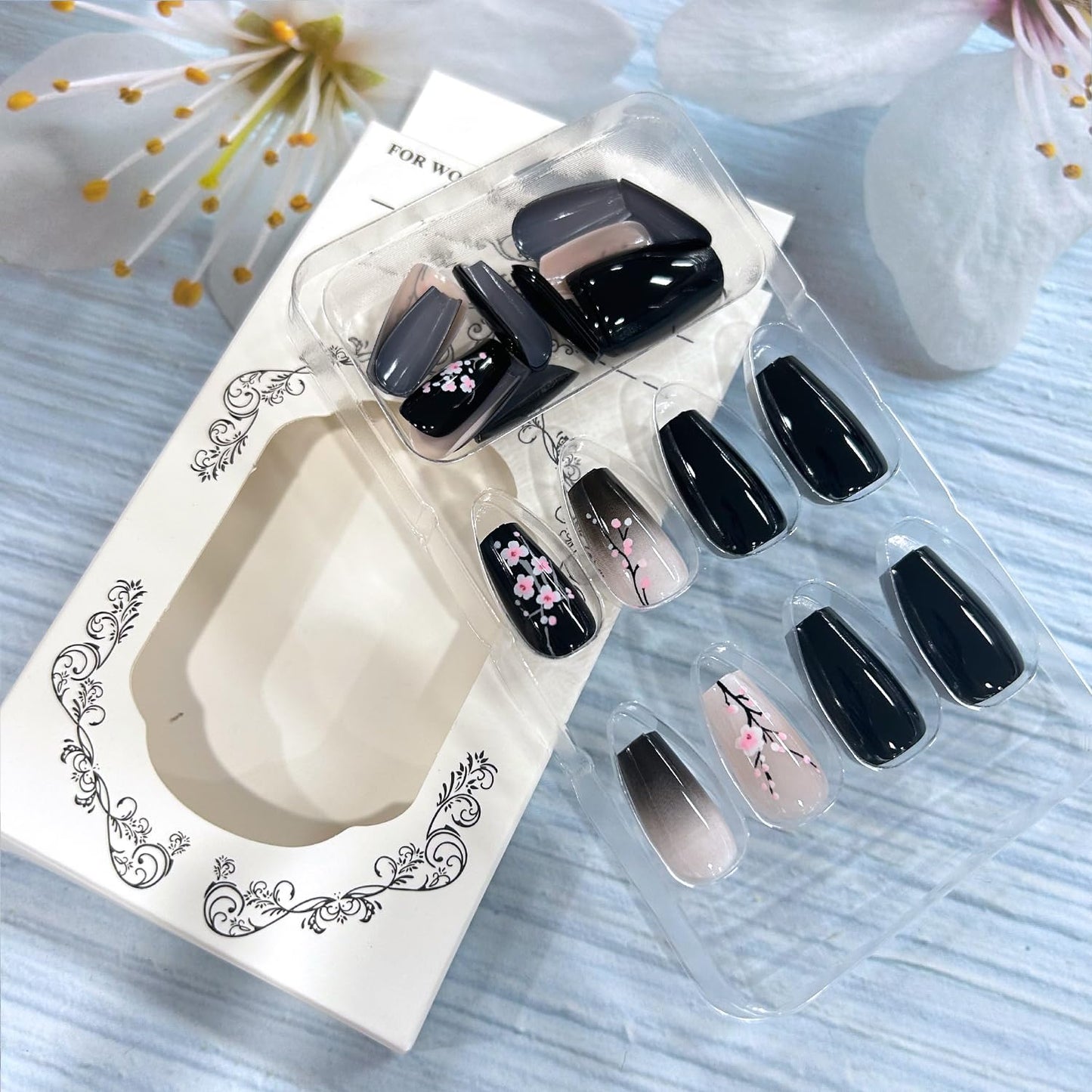Flower Press on Nails Medium Ballet Shaped Black Gradient Artificial Fingernails Pink Plum Bossom Pattern Design Press Acrylic Fake Nail Full Cover Artificial Stick on Nails for Women Manicure Kit