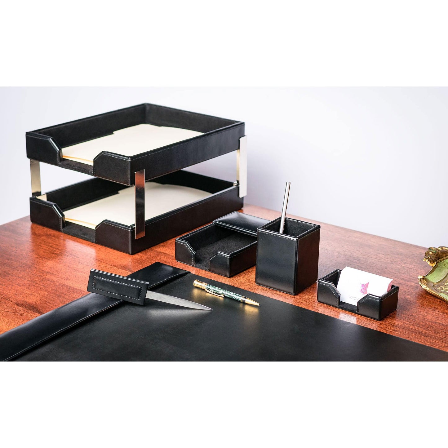 Dacasso Black Bonded Leather 8-Piece Desk Accessory Set - Organization Essentials & Executive Decor - Luxury Leather Blotter for Office Organization