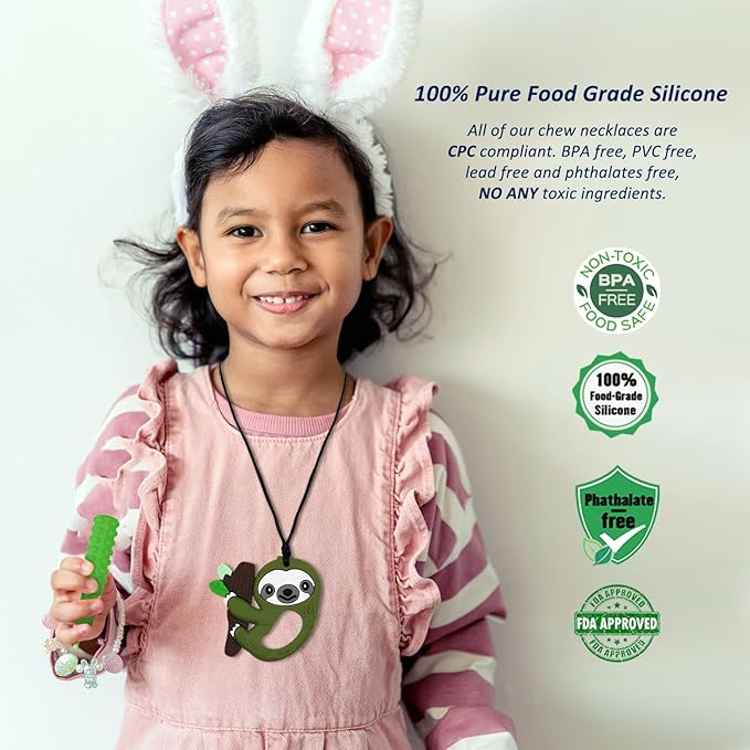 Sensory Chew Necklace for Kids Boys Girls, 4 Pack Silicone Chew Toys for Kids with ADHD Autism, Anxiety, Chewy Necklace Sensory Toys Reduce Adult Chewing Fidgeting (Green Sloth)