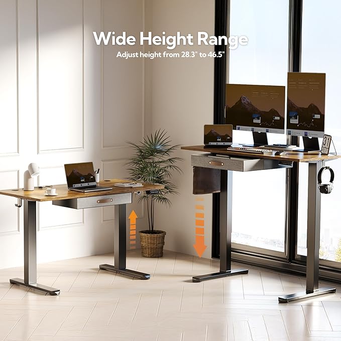 Seang Standing Desk with Drawer, 48" x 24" Height Adjustable Stand Up Desk, 3 Memory Height Settings with Cable Grommets & Storage Hooks, Ideal for Home & Office, Rustic Brown