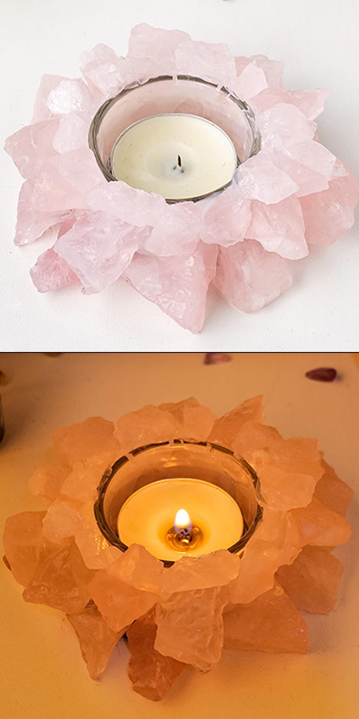 Natural Rose Quartz Crystals, Raw Crystal Tealight Candle Holder Crystal Stone Candle Stand High Energy Geode Votive with Healing Effects (Not Included Candle)