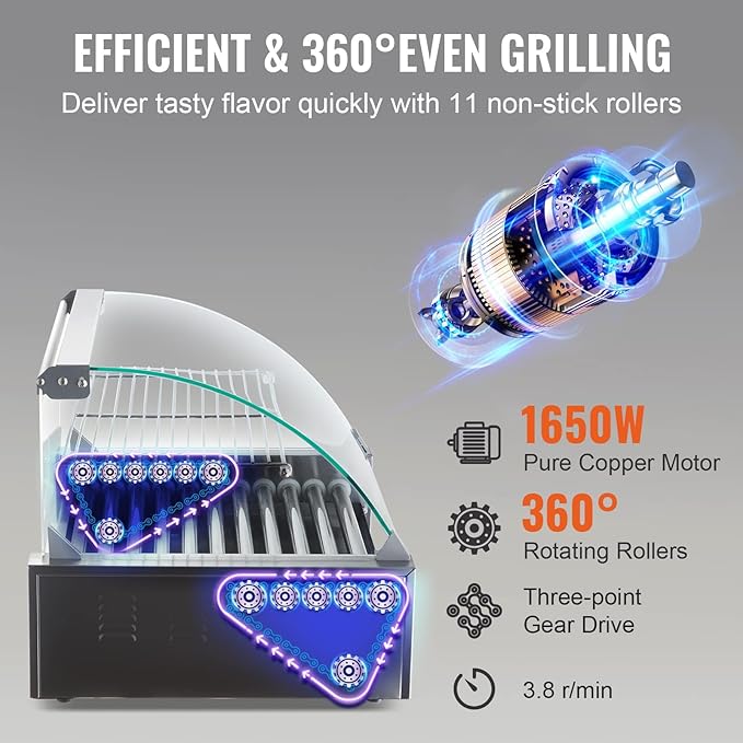 VEVOR Hot Dog Roller, 11 Rollers 30 Hot Dogs Capacity, 1650W Stainless Sausage Grill Cooker Machine with Dual Temp Control Glass Hood Acrylic Cover Bun Warmer Shelf Removable Drip Tray, ETL Certified
