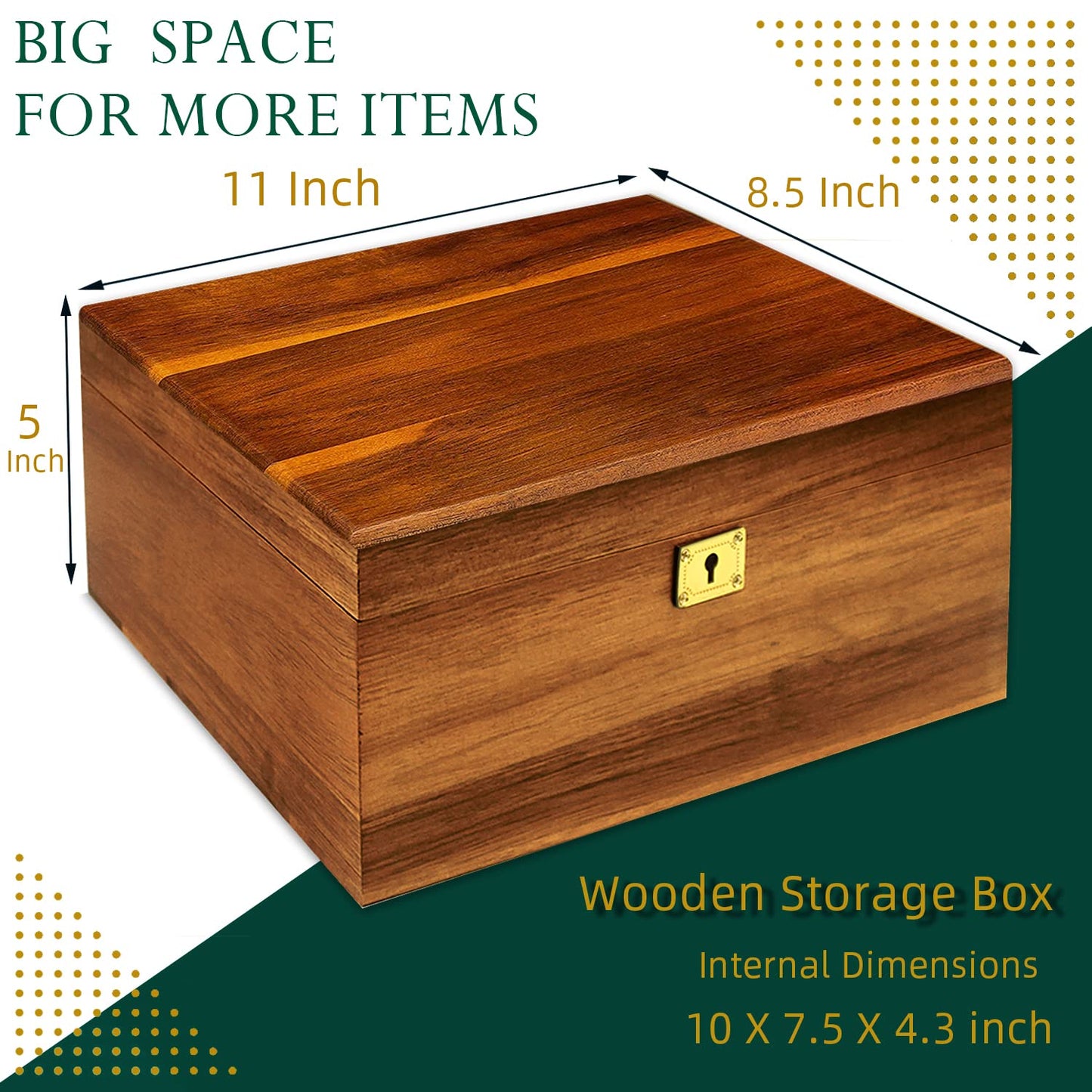 MFLUEEWR Wooden Storage Box with Hinged Lid and Locking Key Large Premium Solid Acacia Keepsake Chest Box -Storage Space to Organize Jewelry, Toys, and Keepsakes in a Beautiful Wooden Decorative Box