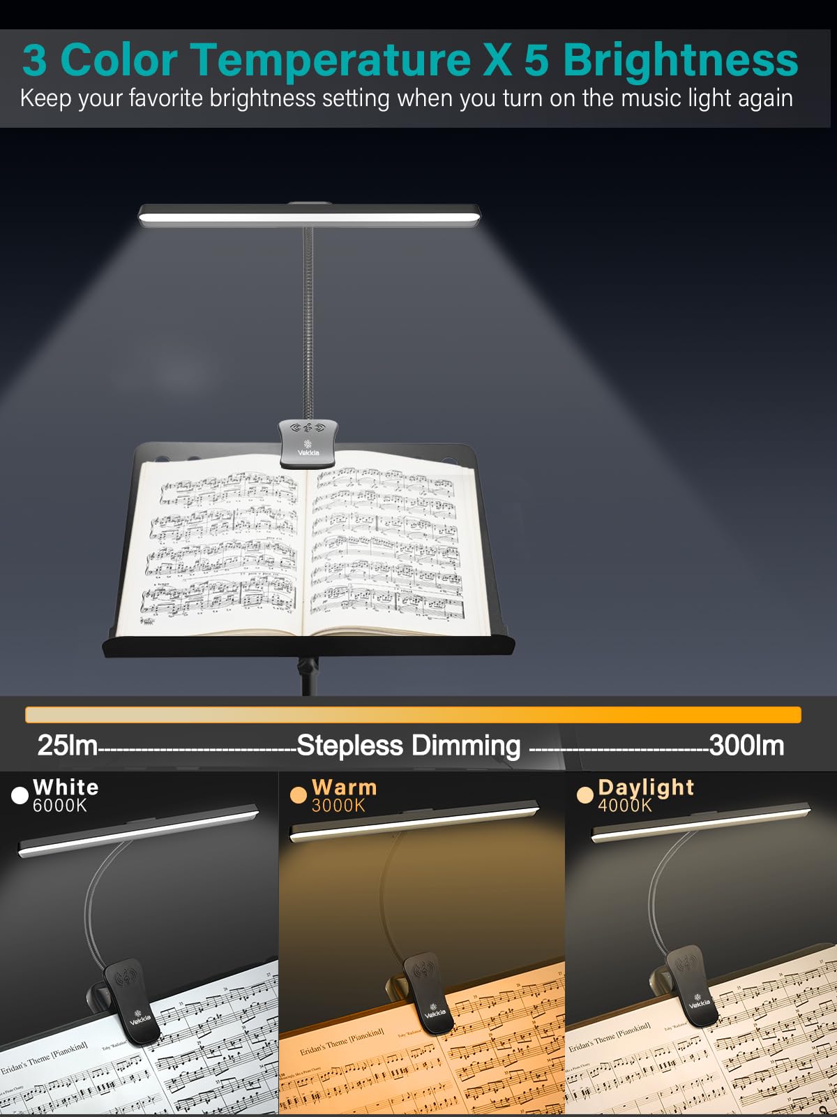 Vekkia Professional 88 LED Rechargeable Music Stand Light - Foldable Clip-on Lamp, Eye-Protective, 5 Brightness & 3 Color Temp Adjustments, for Piano, Reading