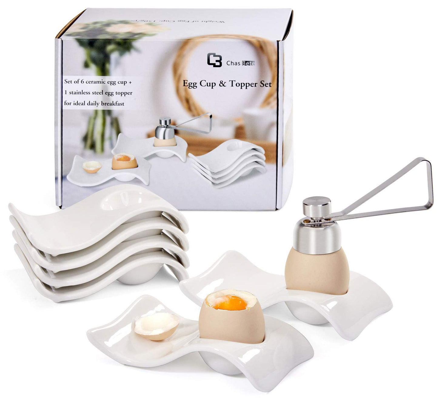 ChasBete Egg Cups for Soft Boiled Eggs, Ceramic Egg Cup, Soft Boiled Egg Holder 6 + 1 Egg Topper Cutter for Decor/Breakfast/Brunch