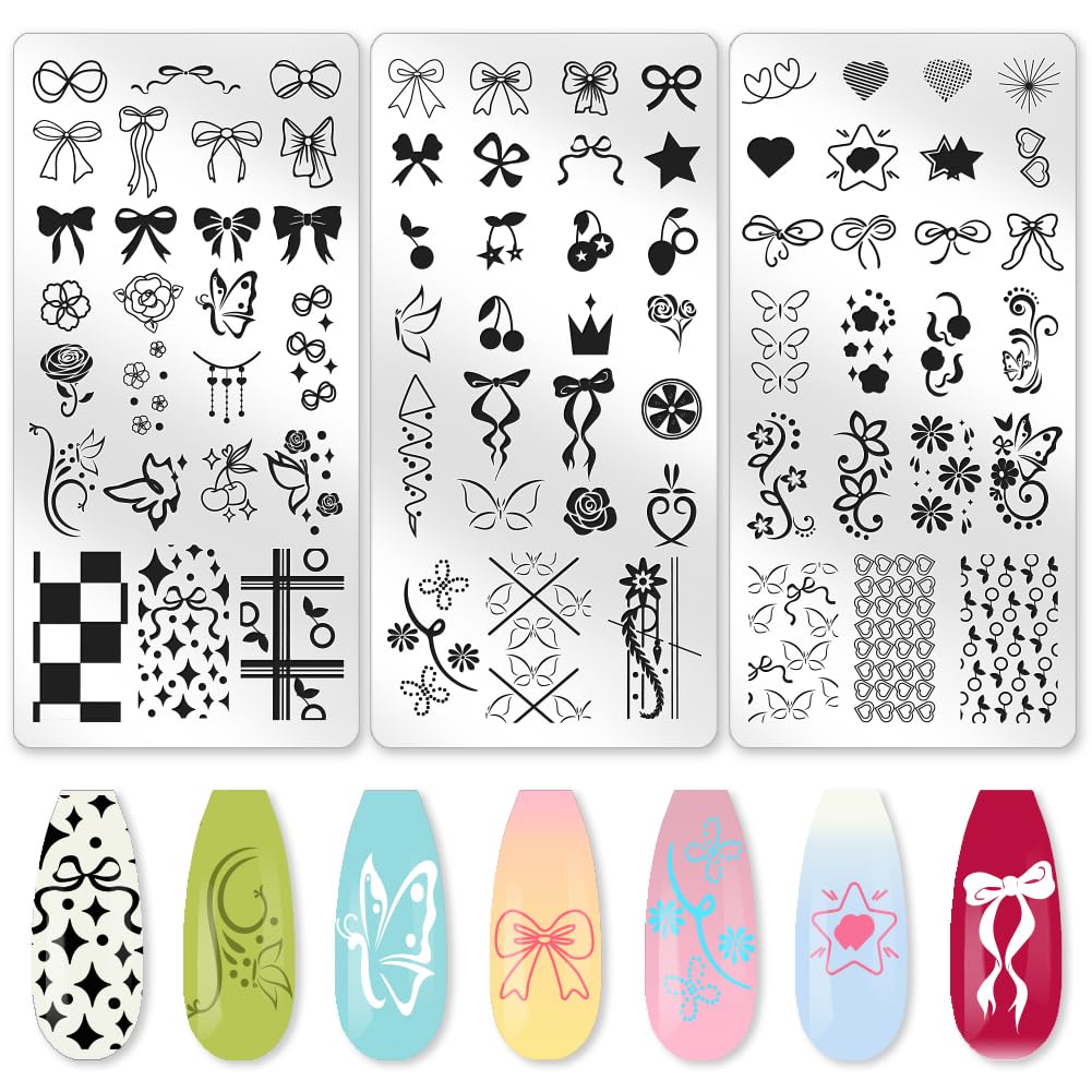 beinkmake 3Pcs Bow Nail Stamping Plate Set Butterfly Flower Cherry Nail Stamp Templates French Line Tip Stainless Steel DIY Reusable Tools with Stamper Scraper for Manicure Printing