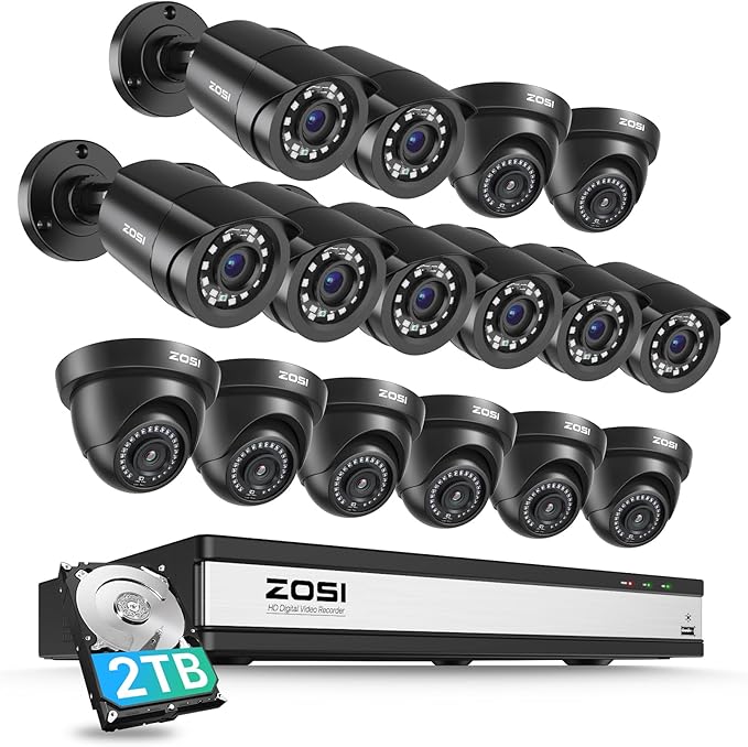 ZOSI 3K Lite 16CH Security Camera System with AI Human Vehicle Detection, Night Vision, 16 x 1080p Outdoor Indoor CCTV Wired Cameras, 16 Channel H.265+ Surveillance DVR with 2TB HDD for 24/7 Recording