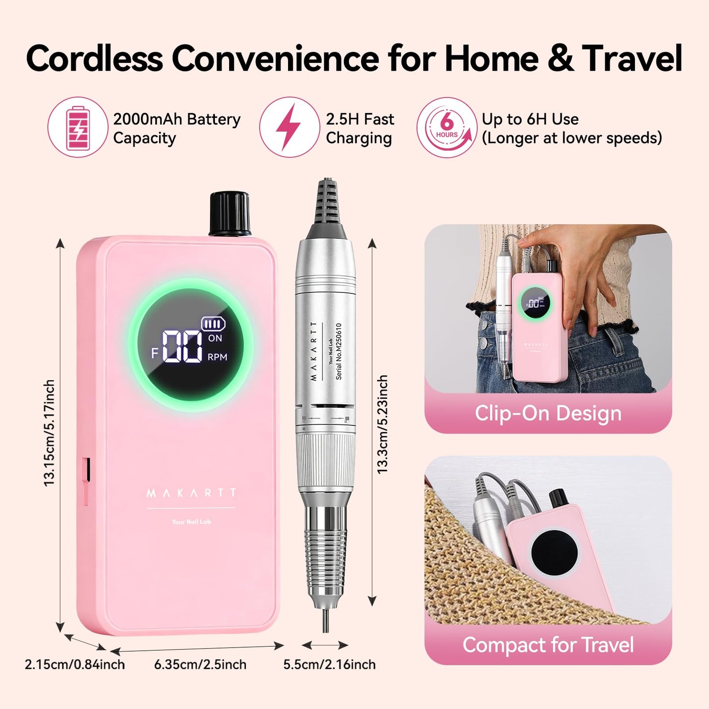 Makartt Cordless Nail Drill for Beginners: Easy & Safe Electric Nail File for Home DIY, Low Vibration Quiet Control with LCD, for Gel Removal, Shaping & Nail Care, YEEYAN