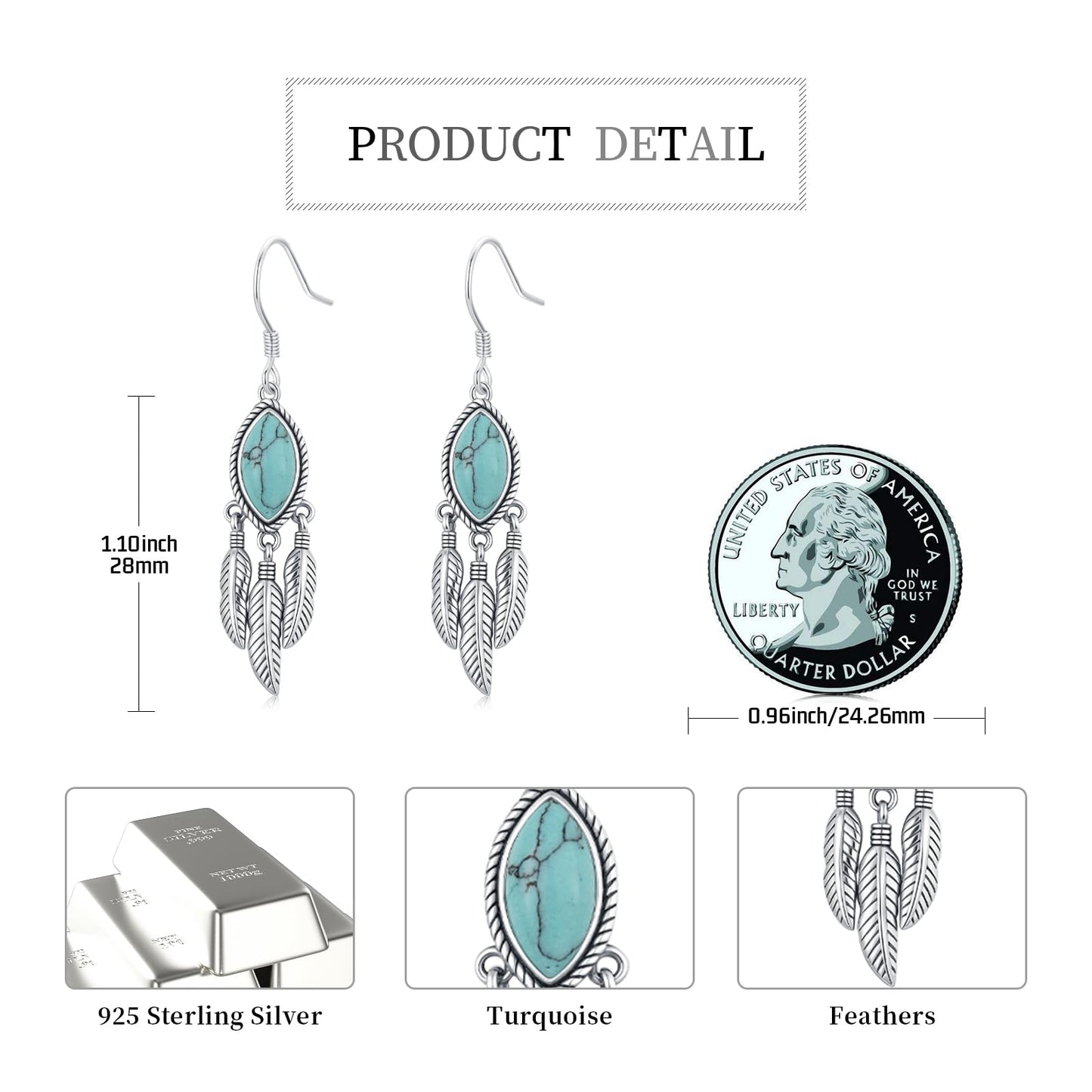 KoyeKei Turquoise Feather Dangle Drop Earrings for Women Western 925 Sterling Silver Feather Boho Leaf Statement Earrings Country Vintage Jewelry Christmas Gifts