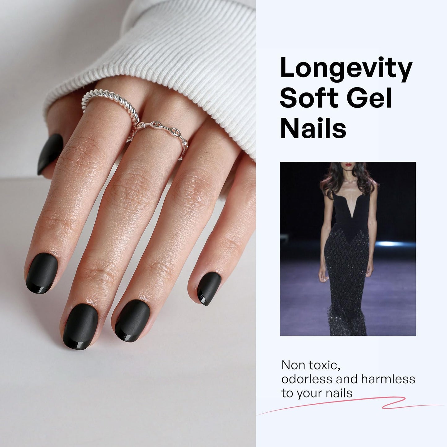Matte Black Press On Nails Extra Short - GJZEZ Soft Gel Square Squoval Fake Nail Press Ons with Glossy French Tip in a Matte Finish, Salon Quality Reusable Glue On Nails in 16 Sizes & 32Pcs, Ink Mist