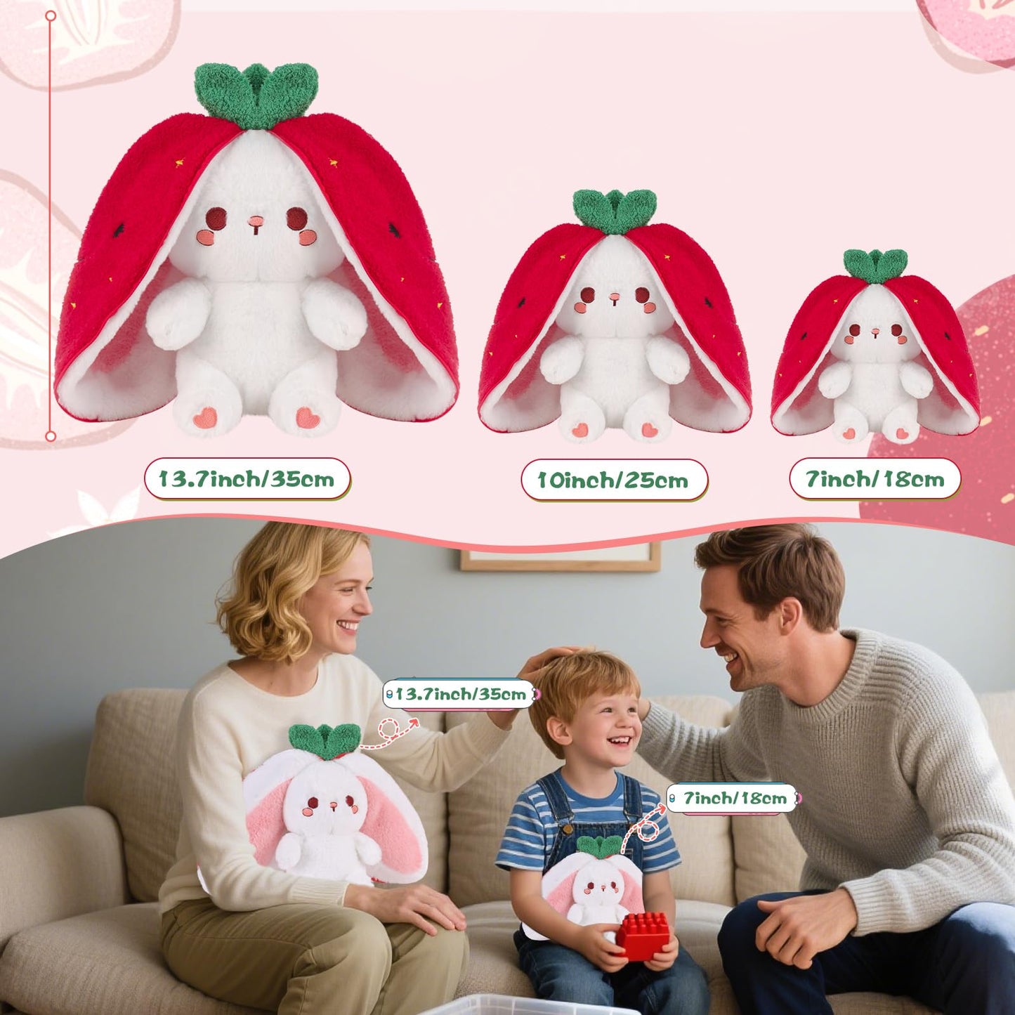 MIAODAM Easter Strawberry Bunny Plush Toy- Cute Soft Huggable Stuffed Animal for Kids & Collectors, Birthday Present & Nursery Decor 10inch