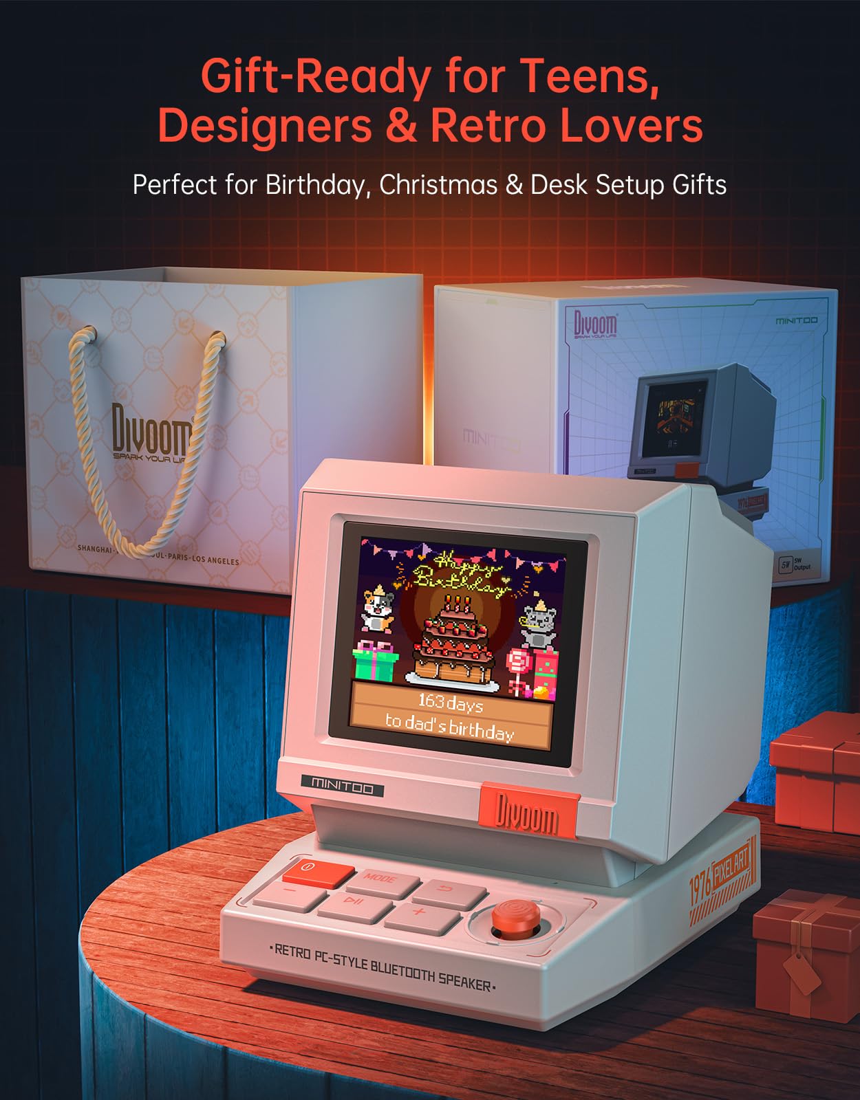 Divoom MiniToo Retro PC-Style Computer Speaker, Smart Pixel Screen with DIY Faces, Bluetooth & USB Audio, Alarm/White Noise Clock, Desk Setup Gift for Bedroom, Office & Gaming