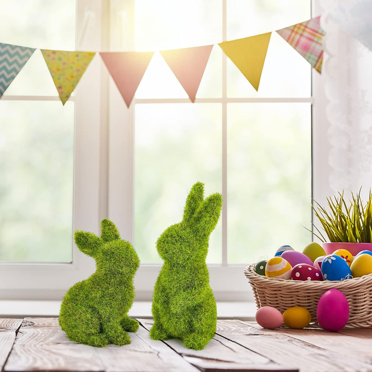 Easter Bunny Decorations,Resin Moss Bunny Figurine,Garden Artificial Moss Rabbit Easter Décor Party Favors Gifts(Medium Stand)