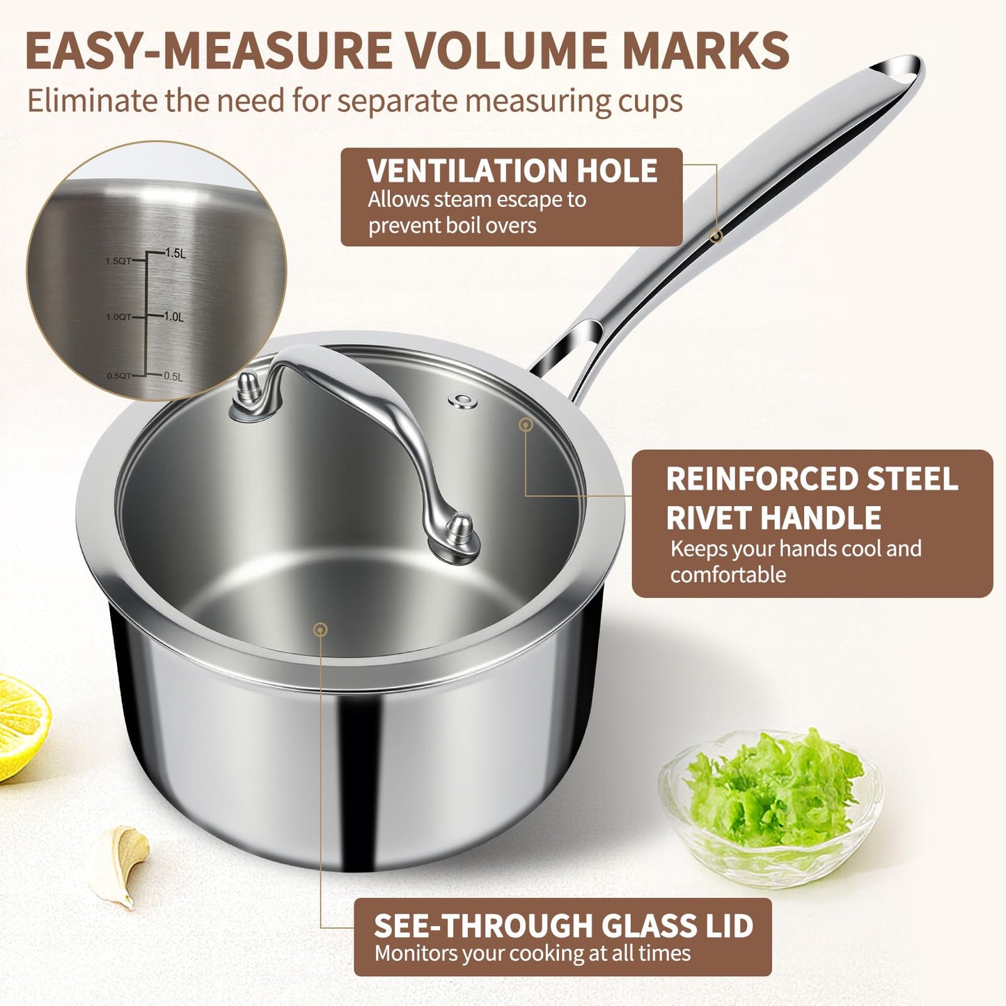 EWFEN 3 Ply Stainless Steel Sauce Pan Set with Lids, 1 & 2 Quart Multipurpose Cooking Pot, Stay-Cool Handle, Induction Oven Dishwasher Safe, 1QT & 2QT